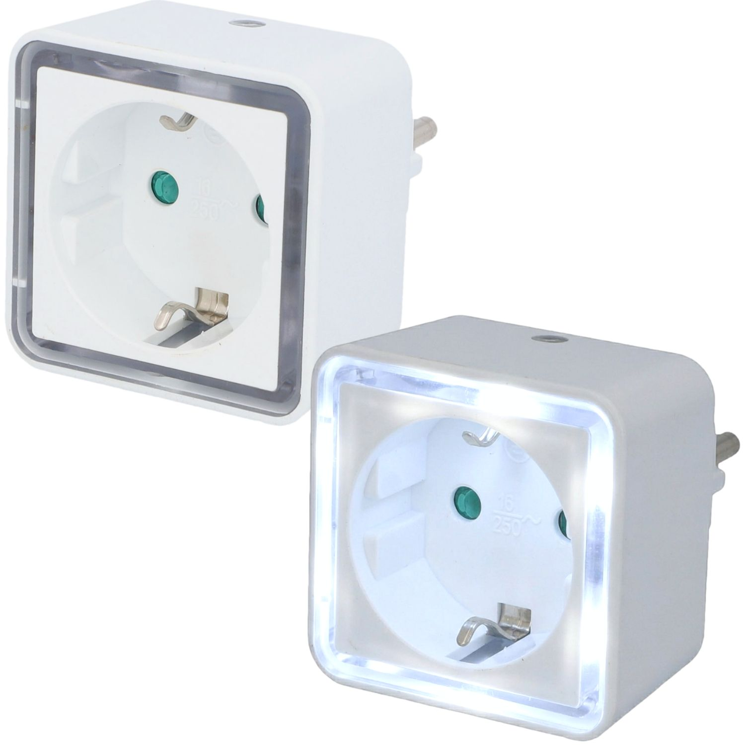 Zwei weiße Steckdosenadapter mit beleuchtetem Rand. Einer leuchtet.