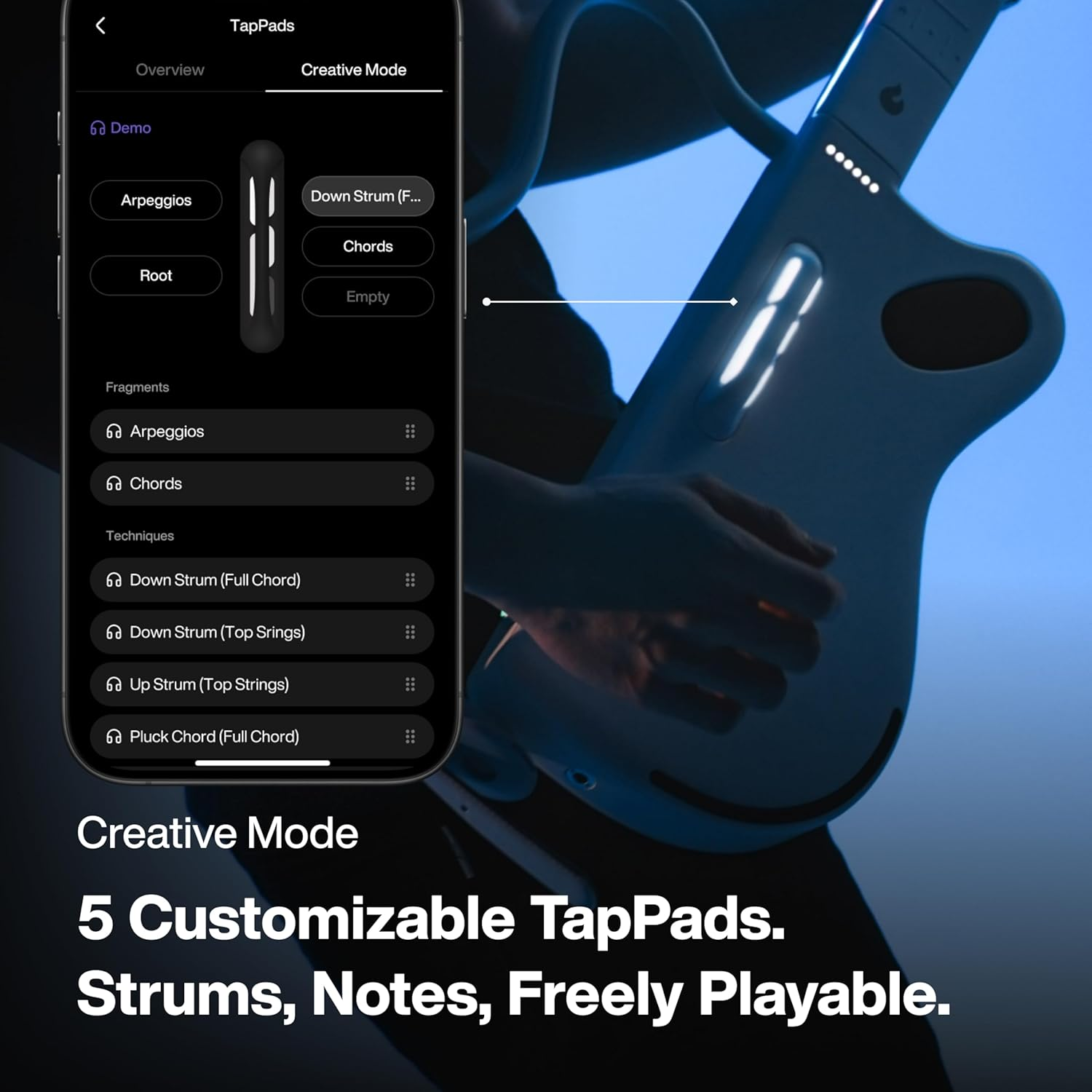 Telefoonscherm toont Creatieve Modus voor TapPads met strum- en akkoordopties.