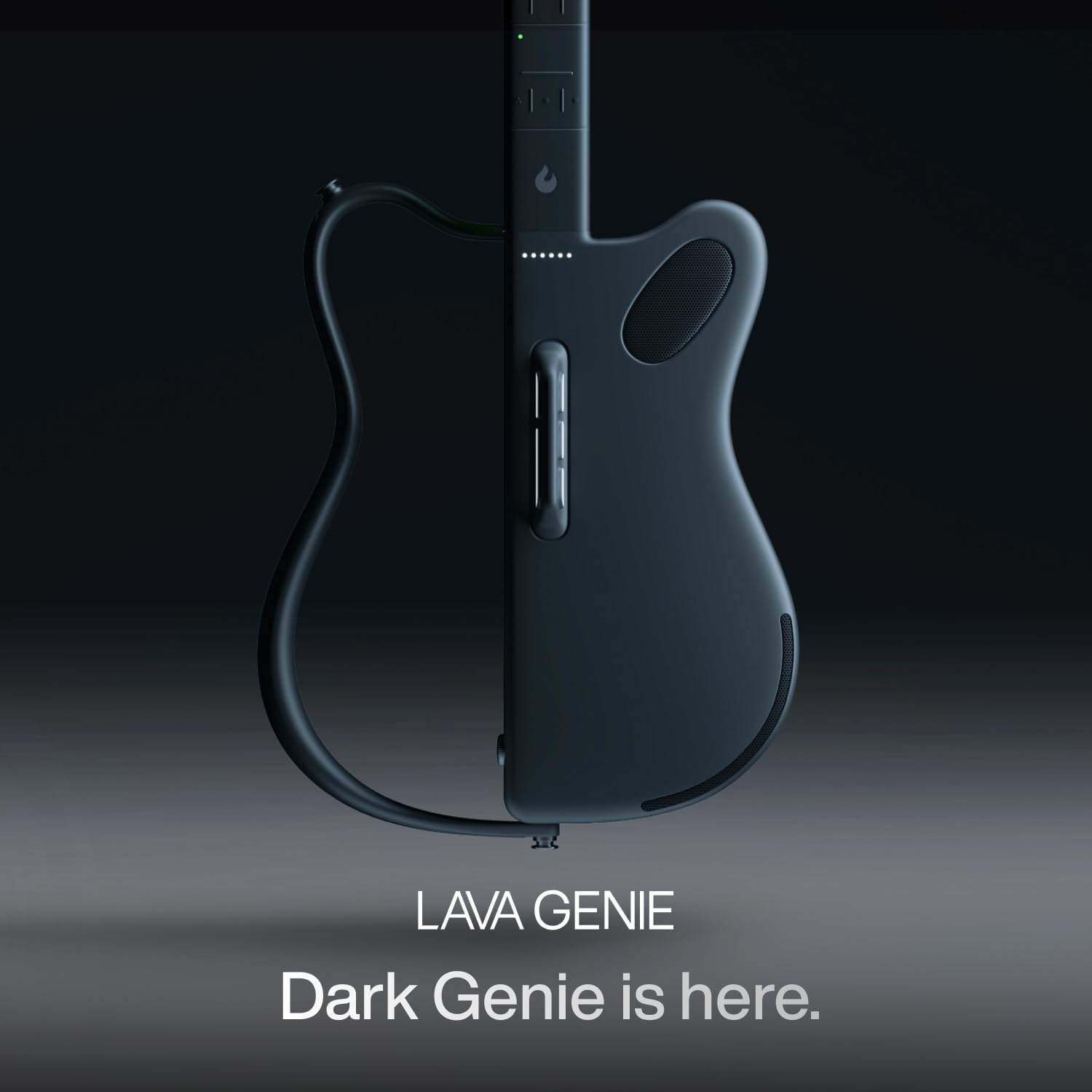 A dark electric guitar with a curved neck, on a dark background.