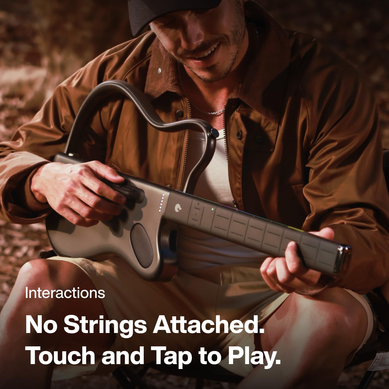 Man in brown jacket plays digital guitar outdoors. Touch and tap to play.