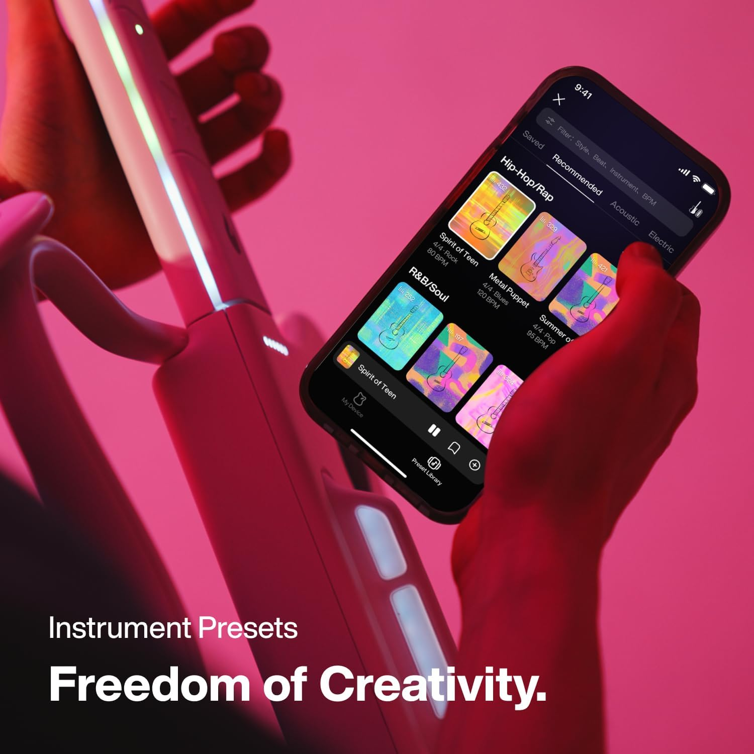 A phone shows music presets with guitar icons. A pink device is beside it.