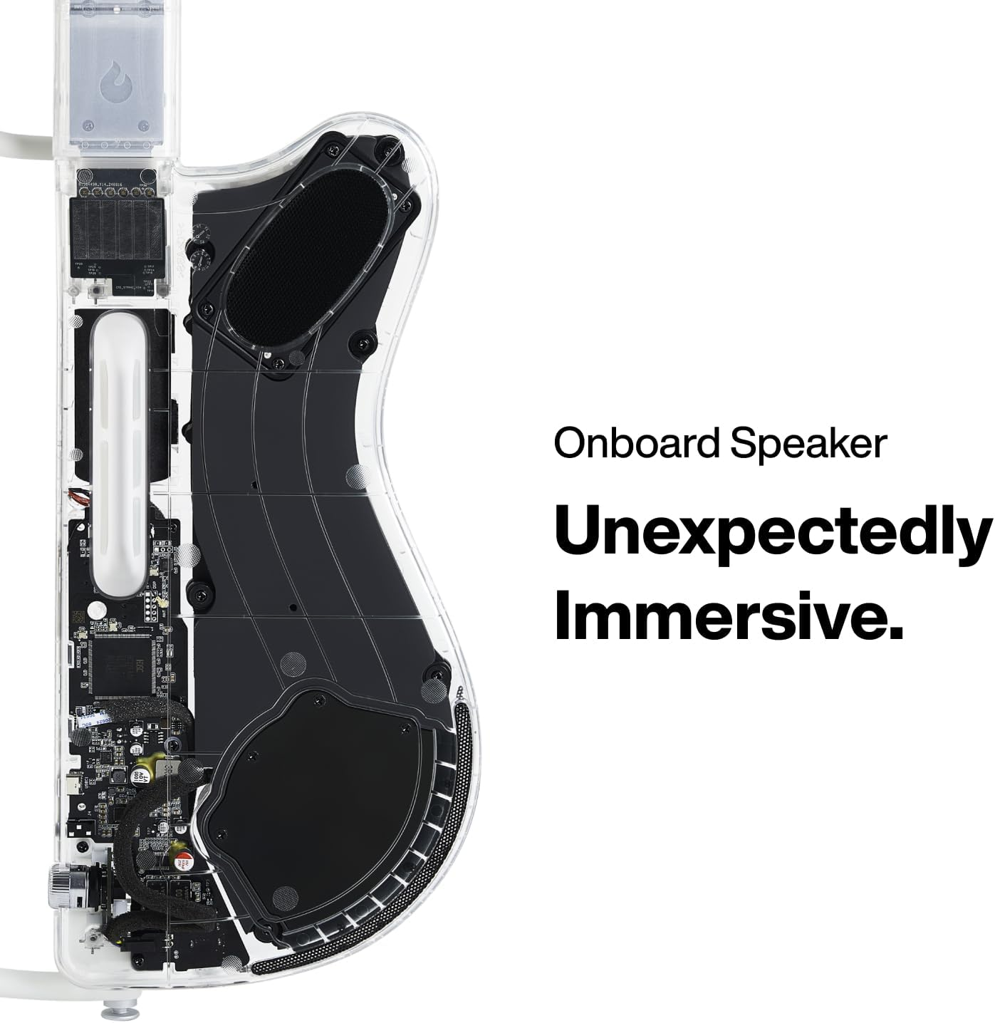 Transparent casing showing internal speaker components and circuit boards.