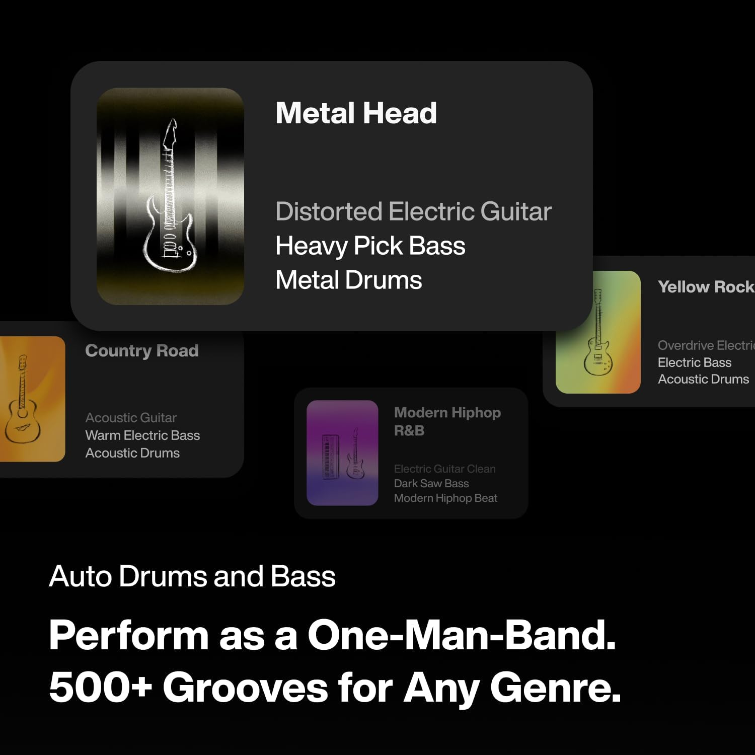 Music genre tiles: Country, Metal, Rock, Hiphop. Text: Auto Drums and Bass.