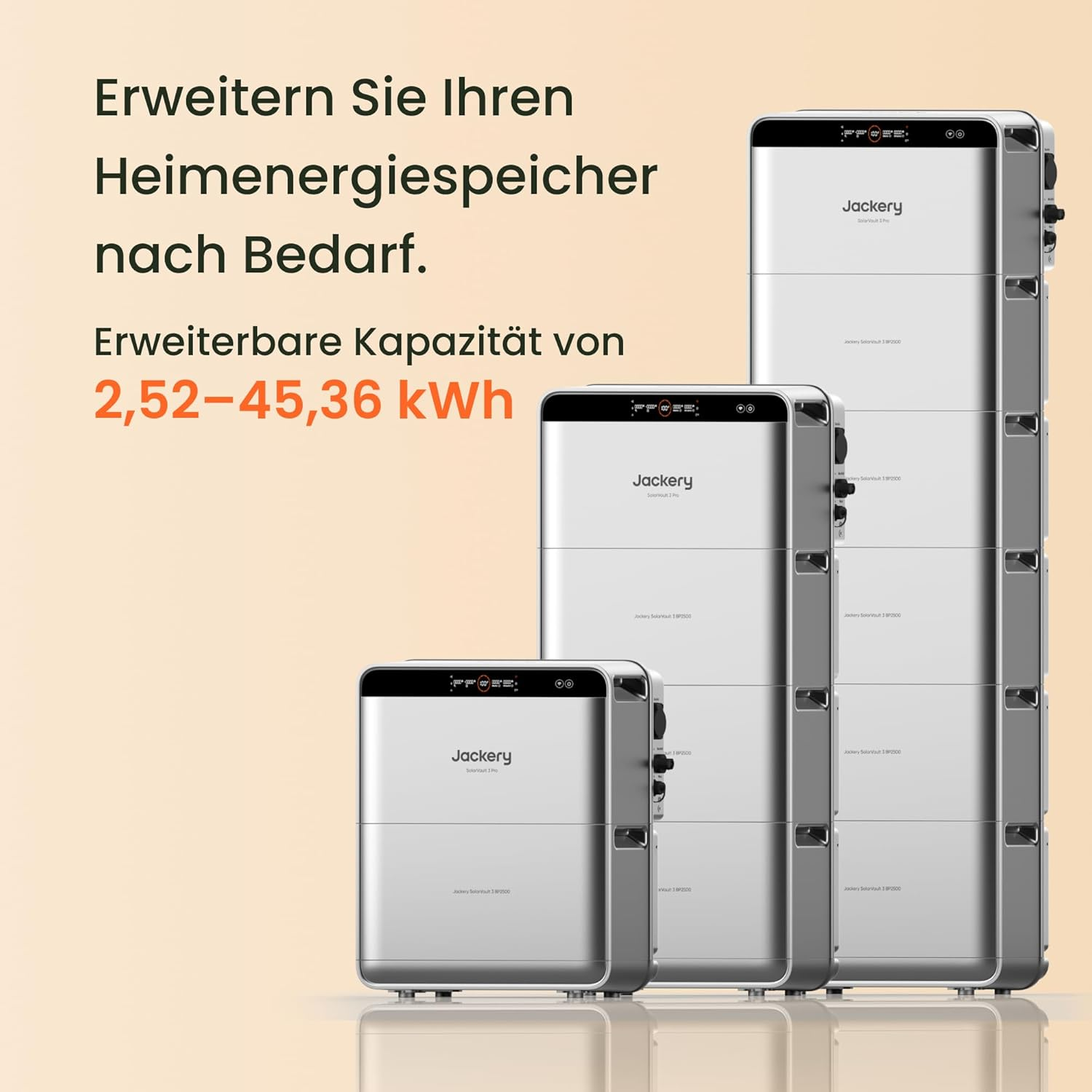 Drei weiße Jackery Solarspeicher-Einheiten unterschiedlicher Größe auf hellem Hintergrund.