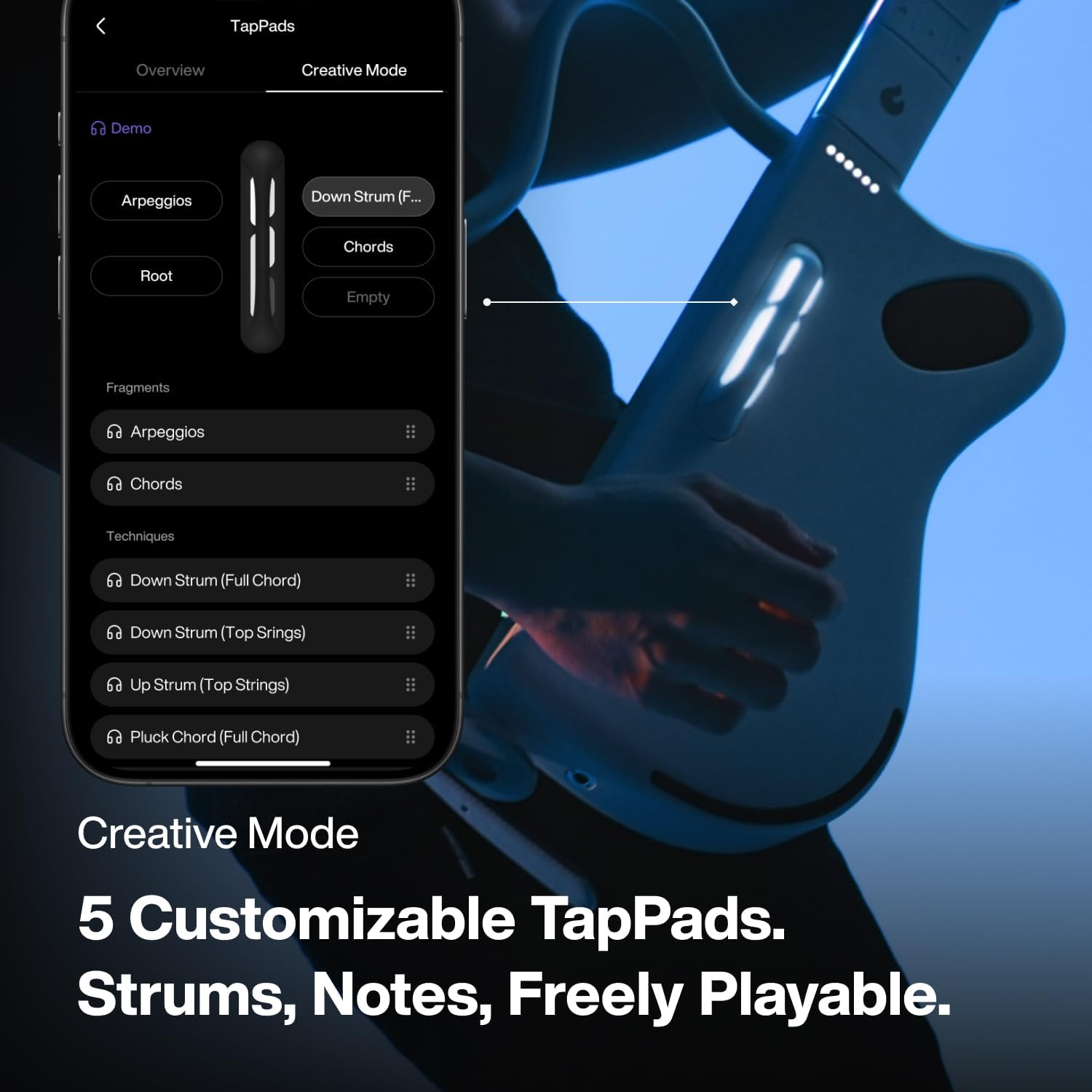 Screen shows Creative Mode for TapPads app, with guitar in background.