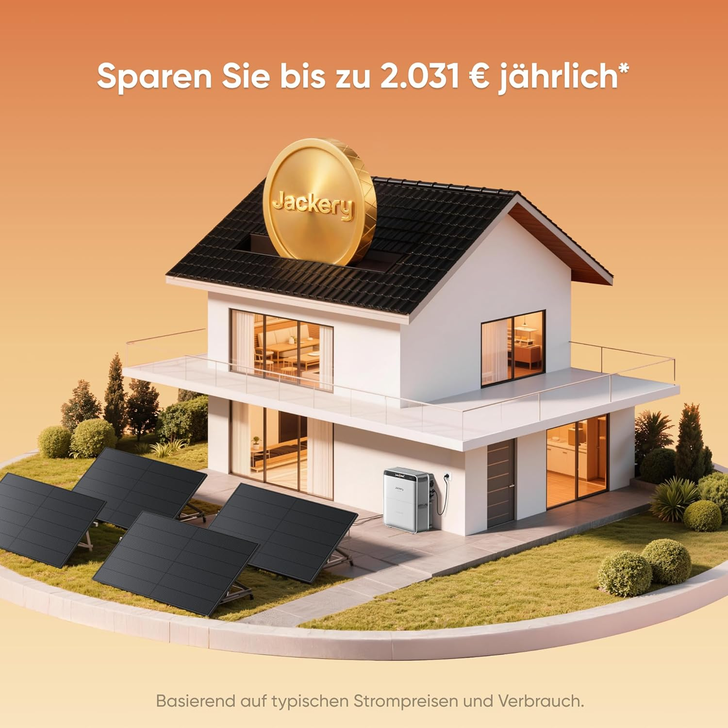 Ein Haus mit Solarmodulen und einem Jackery-Gerät, das Einsparungen verspricht.