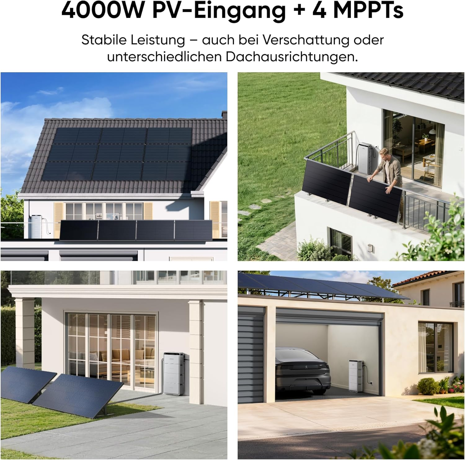 Vier Bilder zeigen Solaranlagen auf Dächern, Balkonen, im Garten und an einer Garage.