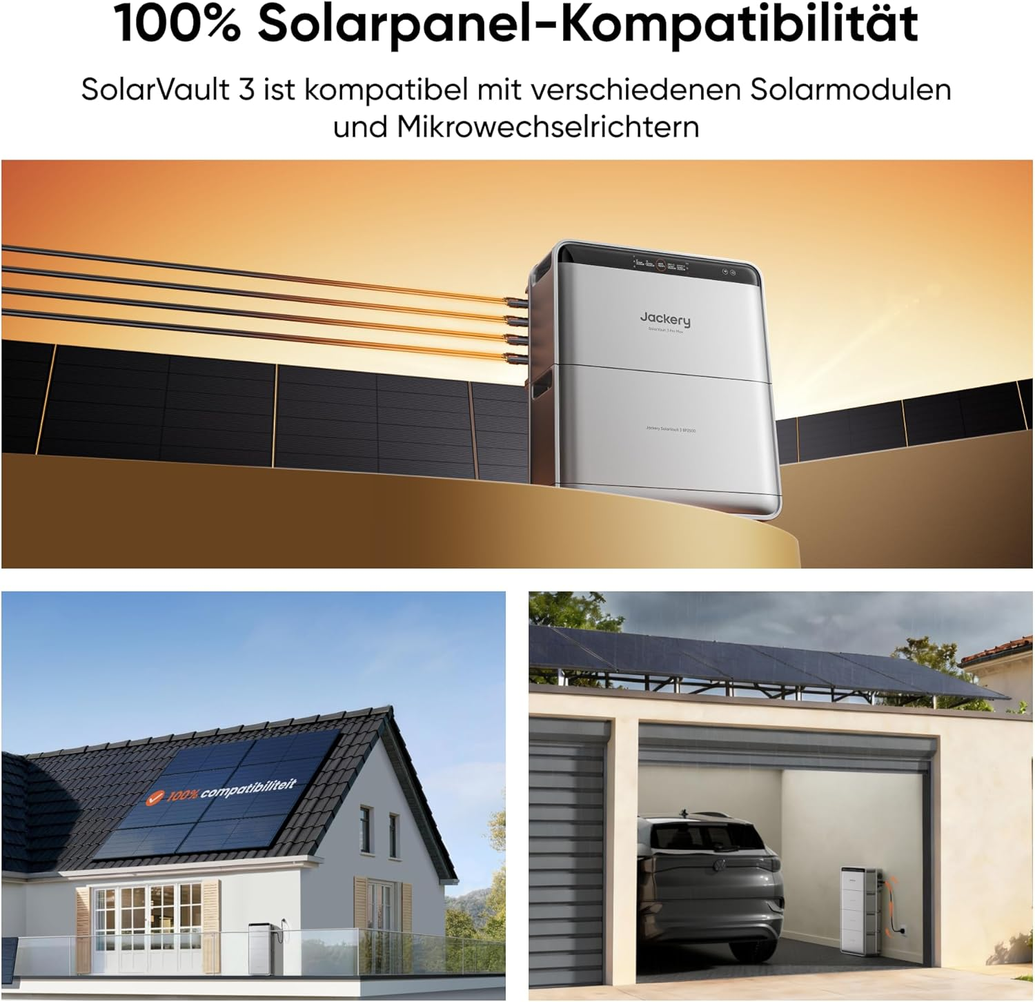 Solaranlagen auf Haus und Garage, mit Jackery SolarVault 3 Einheit.