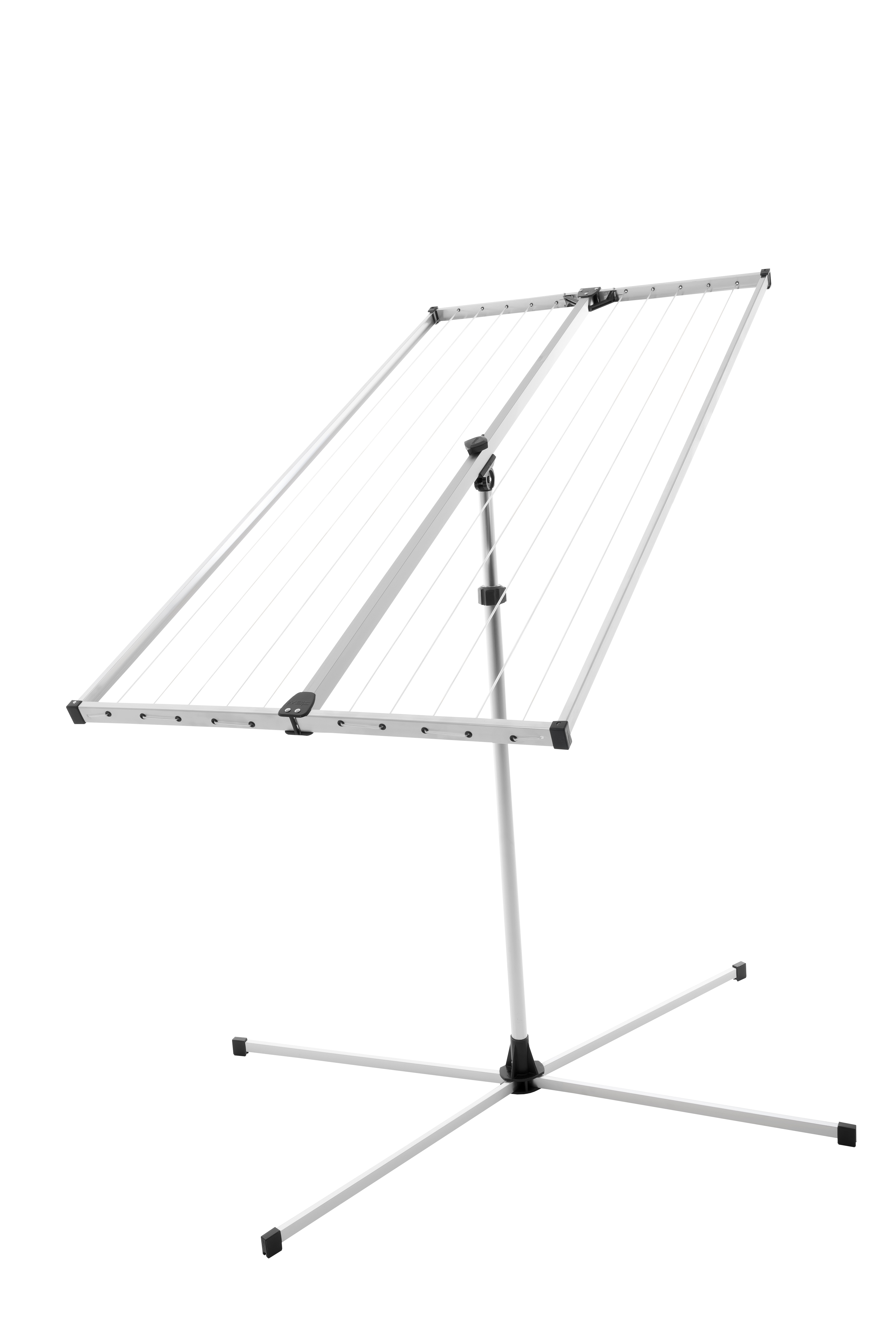 Ein zusammenklappbarer Wäscheständer aus Aluminium mit Kreuzfuß.