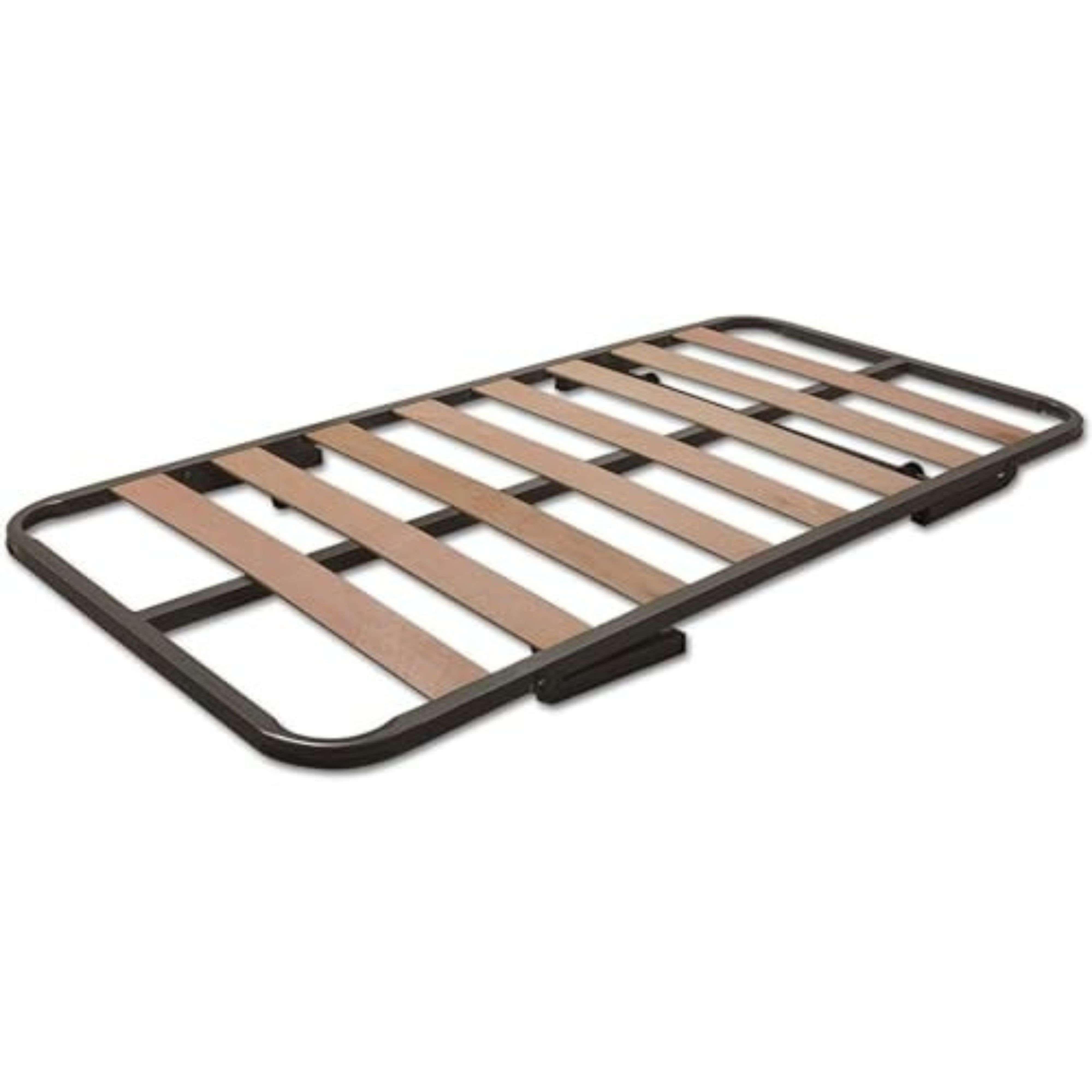 Estructura de cama de metal gris oscuro con listones de madera sobre fondo blanco.