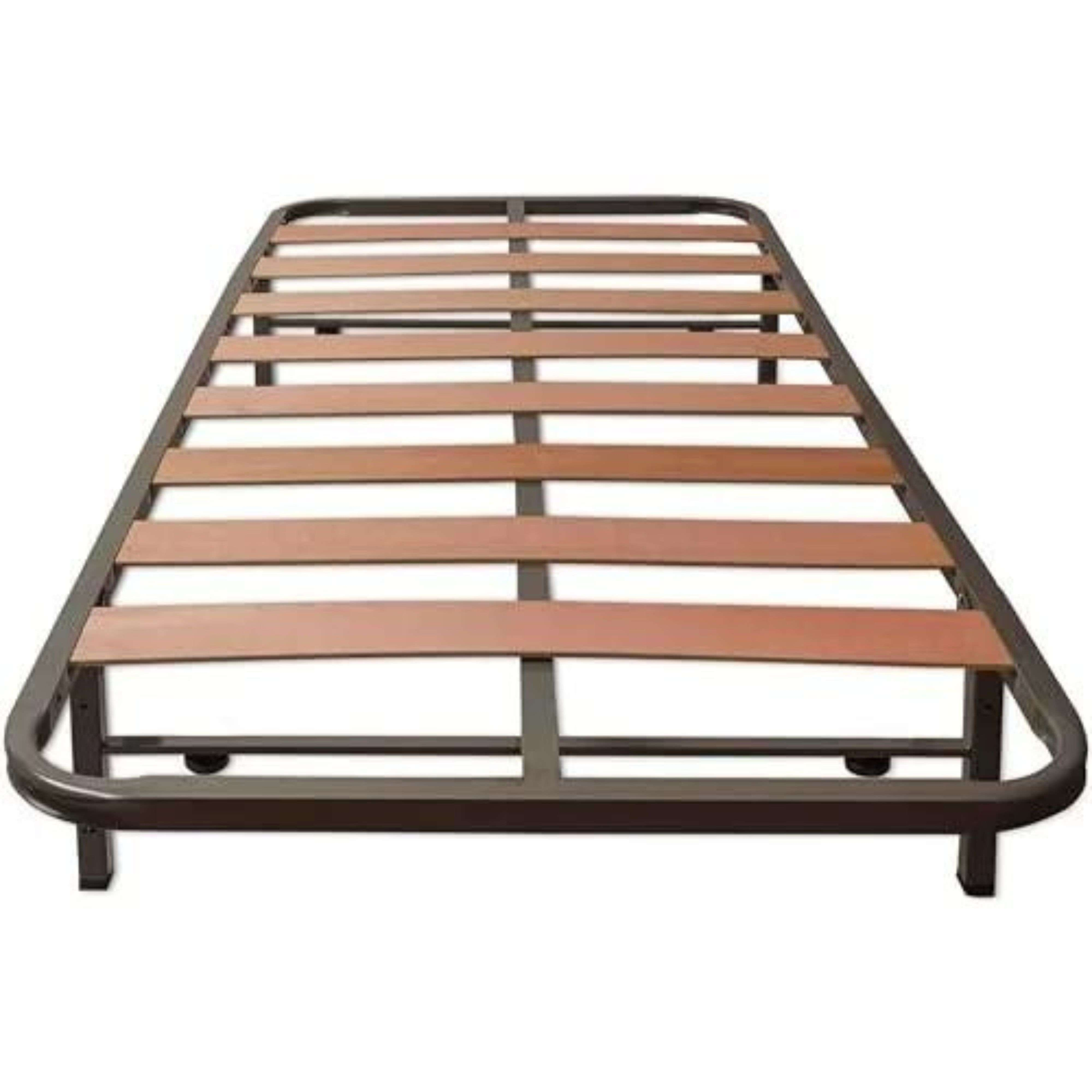 Estructura de cama de metal con listones de madera, diseño plano, sobre fondo blanco.