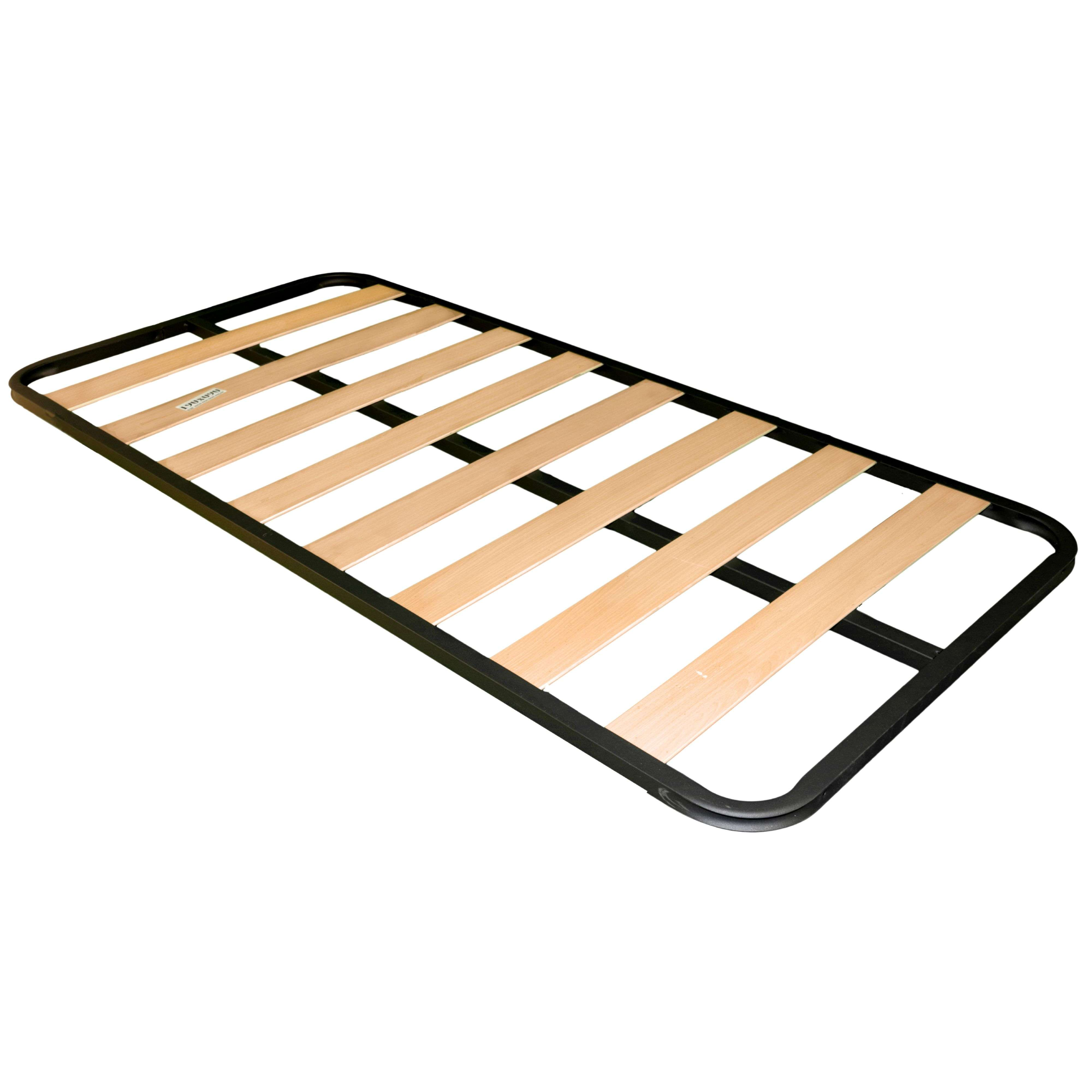 Una base de cama de listones de madera y metal sobre fondo blanco.