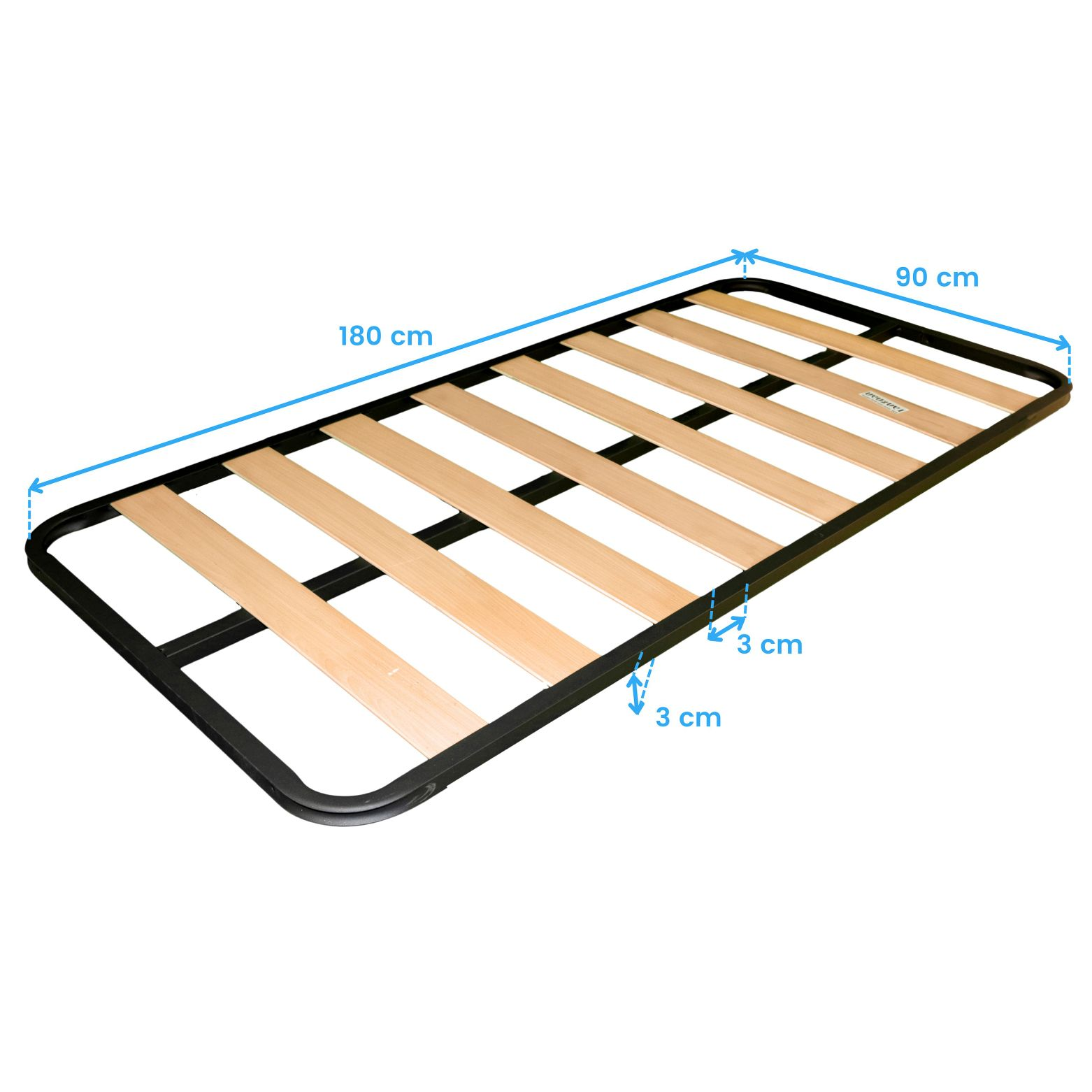 Una base de cama con marco de metal negro y listones de madera, 180x90 cm.