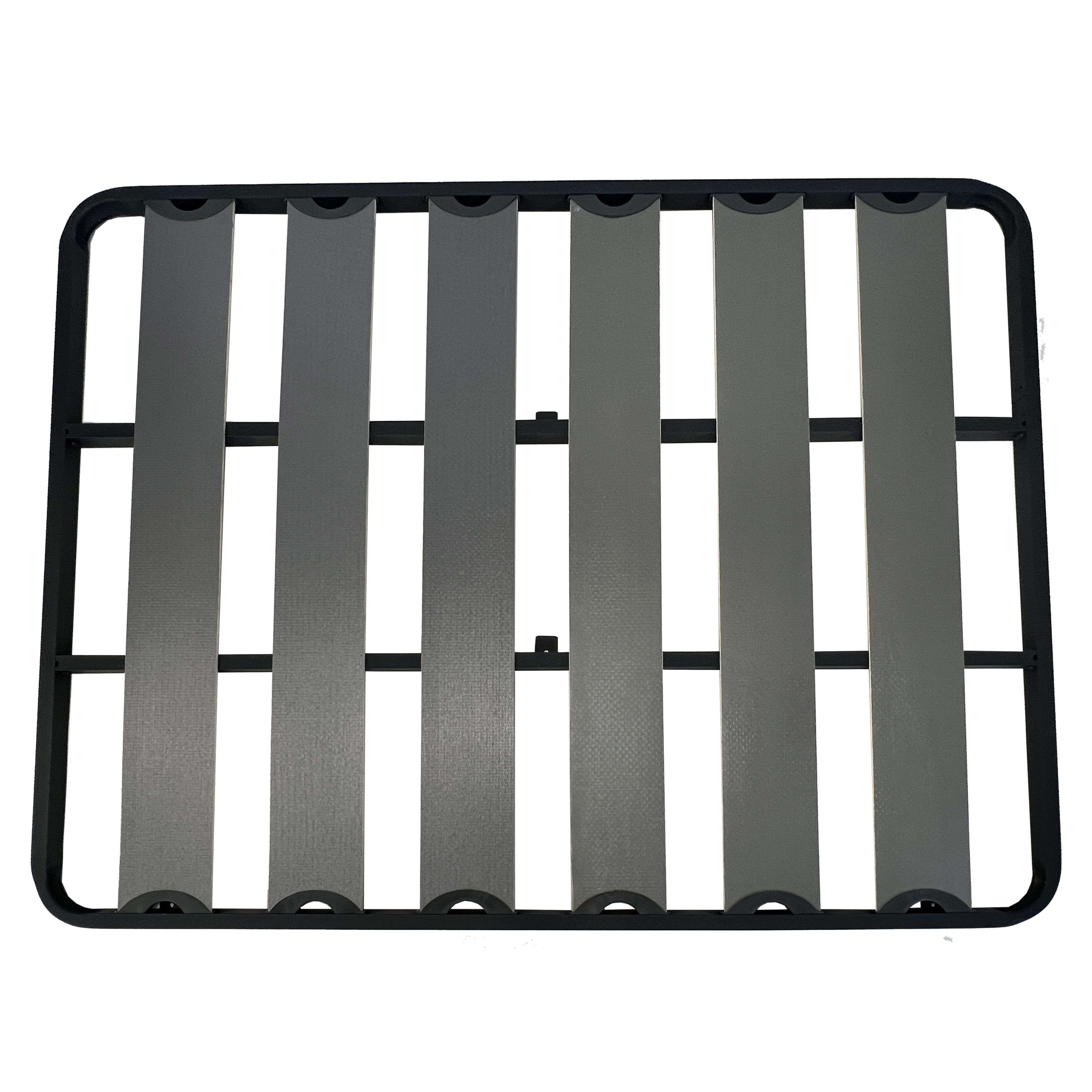 Una base de cama negra con listones y soportes grises.