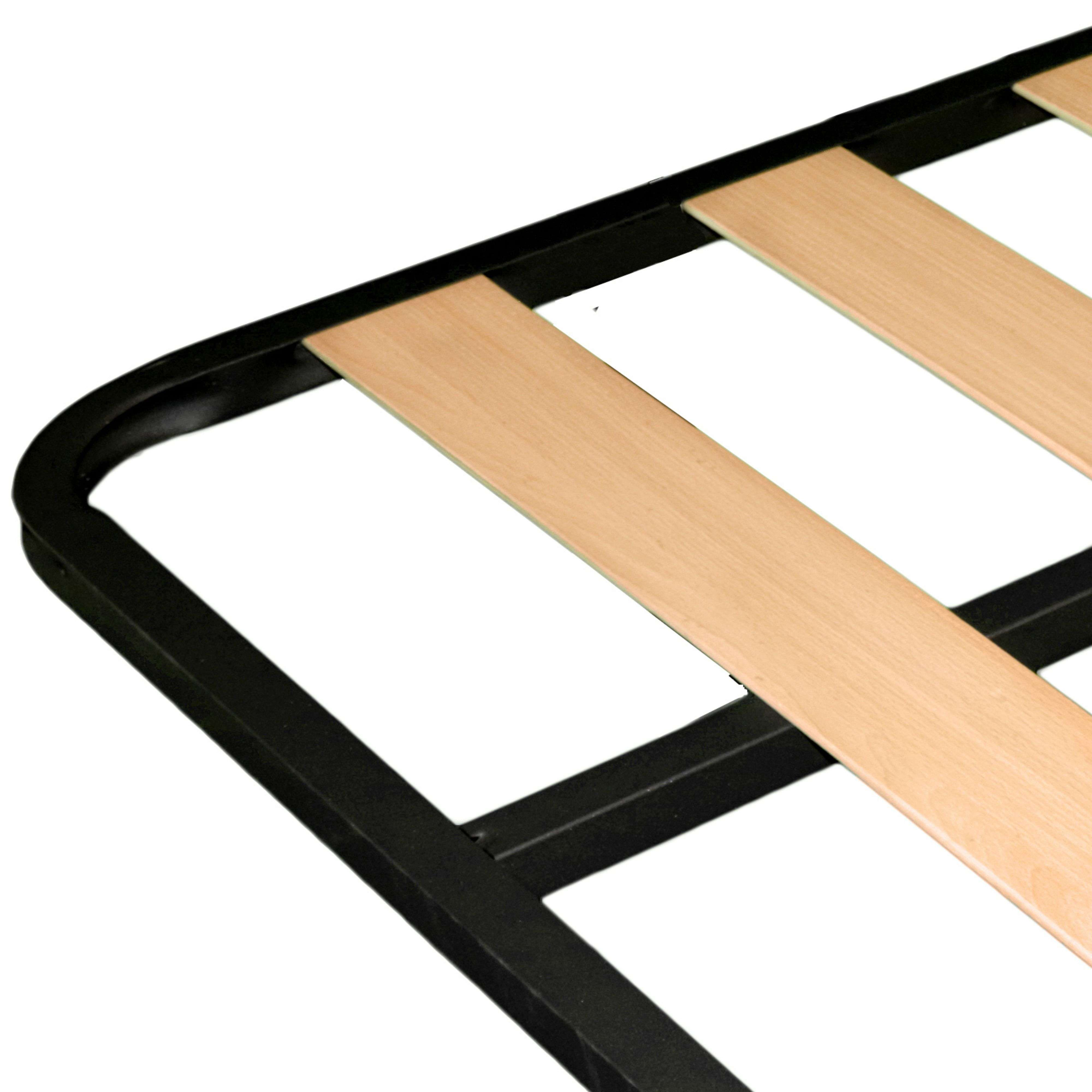 Un marco de metal negro con listones de madera para una base de cama.