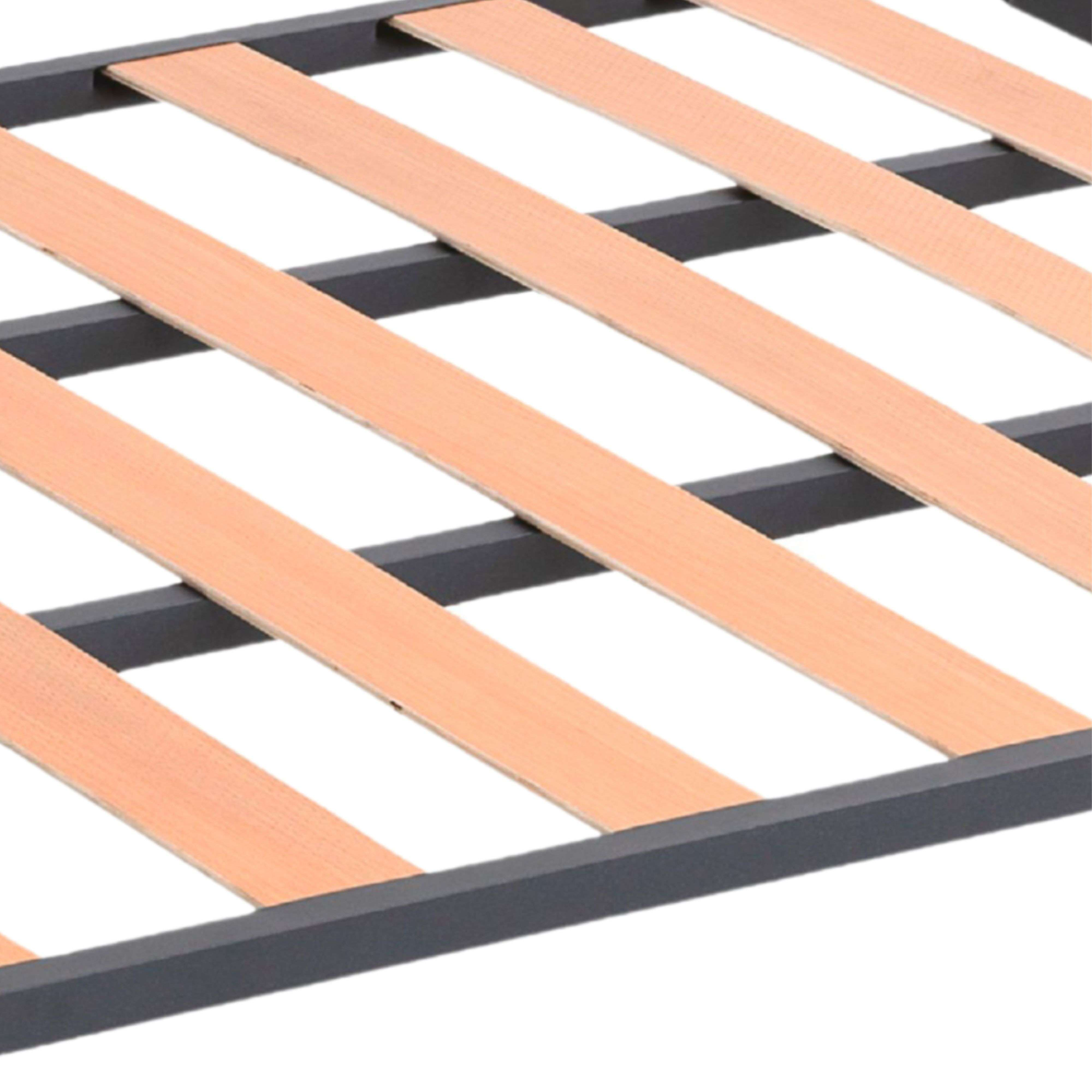 Vista de cerca de una base de cama con listones de madera sobre un marco de metal oscuro.