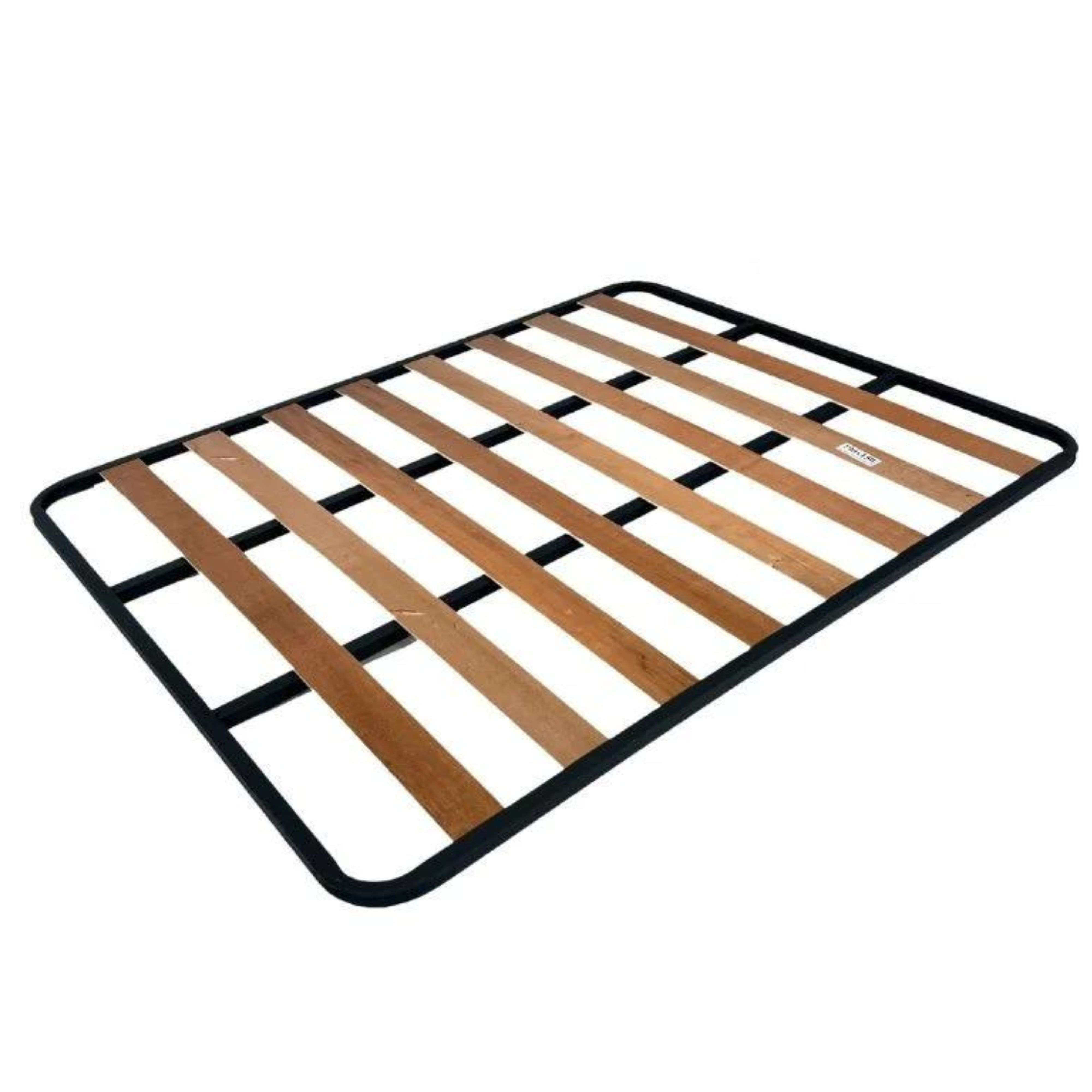 Un somier metálico negro con listones de madera, sobre fondo blanco.