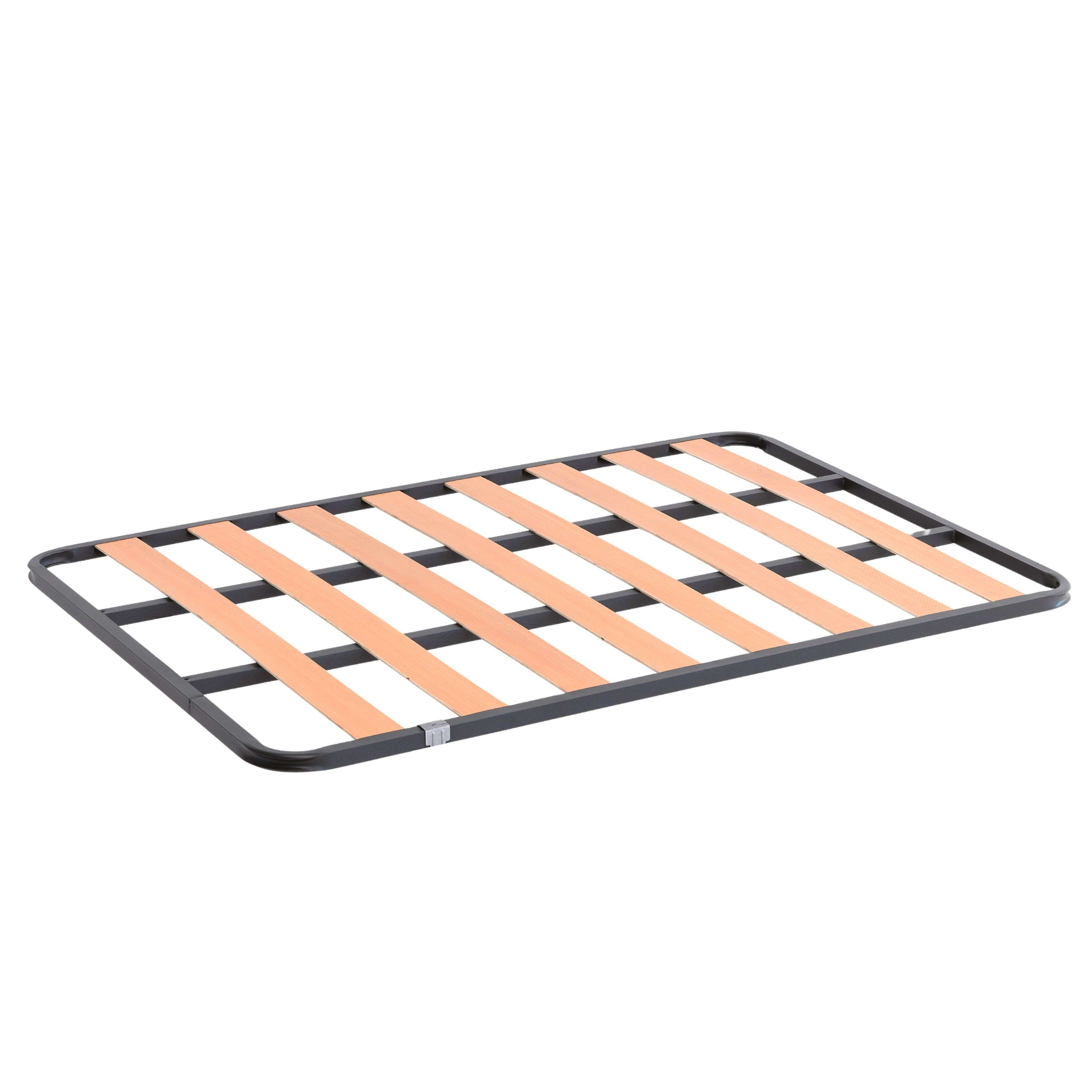 Una base de cama de metal con listones de madera.