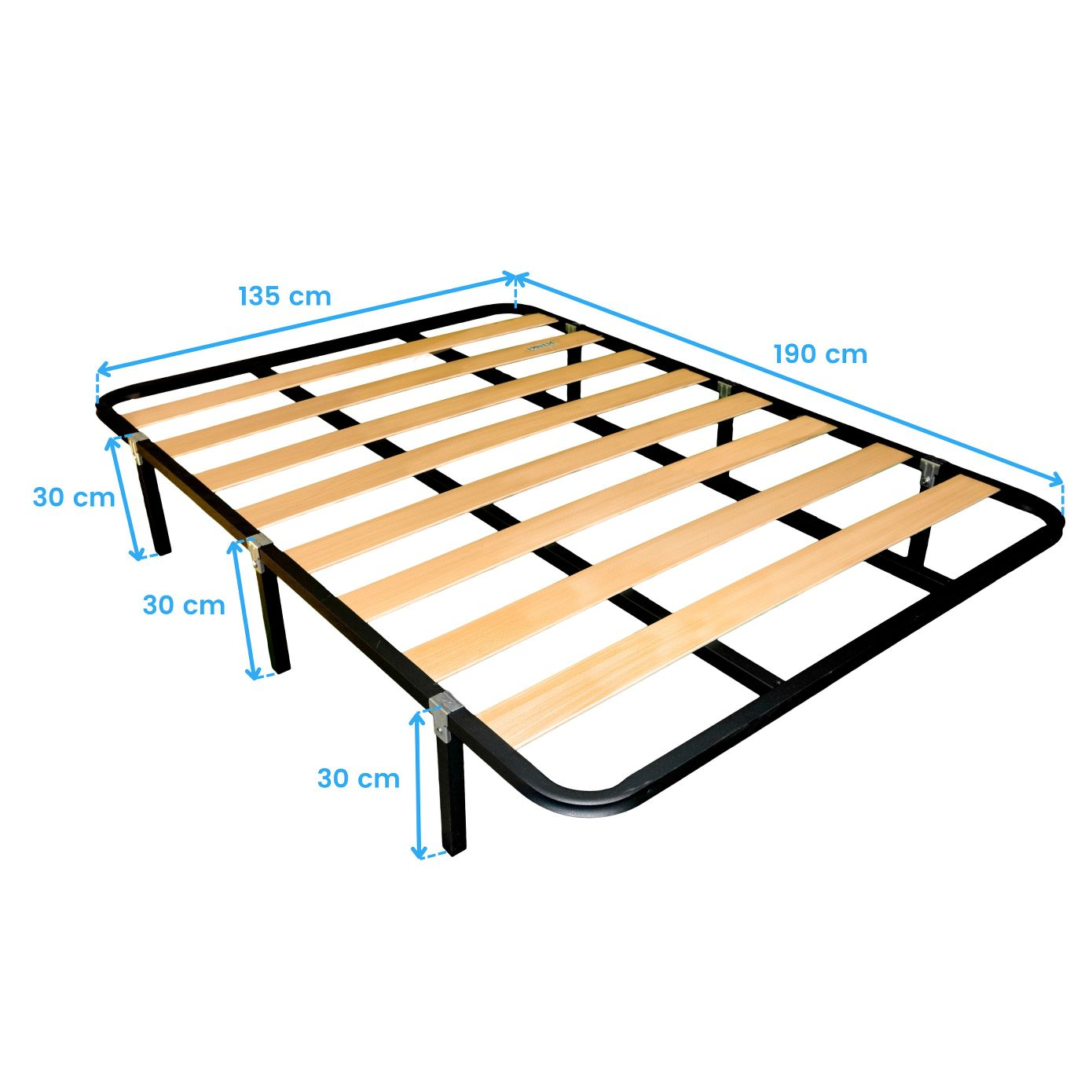Estructura de cama metálica con lamas de madera, 190x135 cm, 30 cm alto.