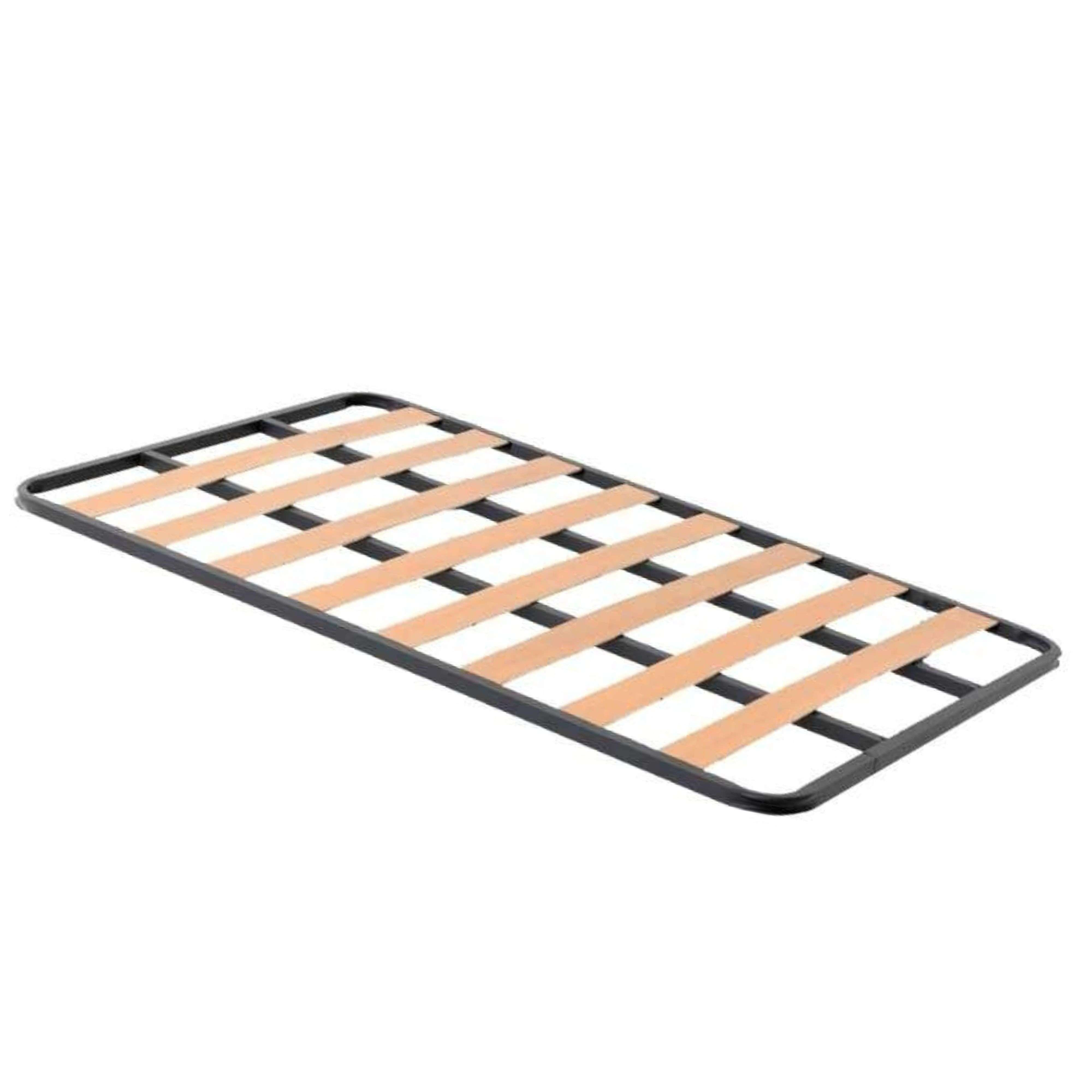 Una base de cama de listones de madera y metal con marco oscuro.