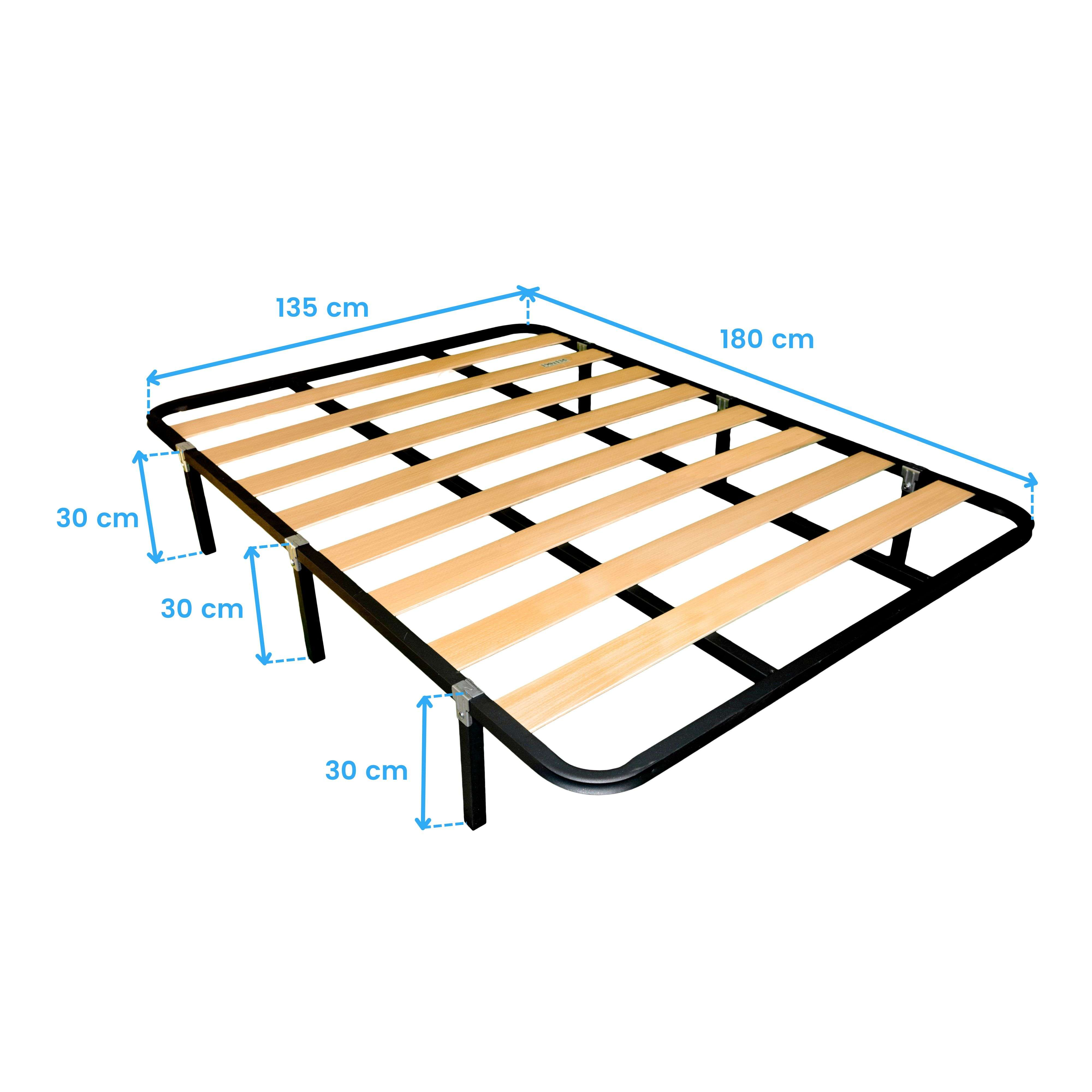 Base de cama de listones de madera con marco de metal negro, dimensiones 135x180cm, altura 30cm.
