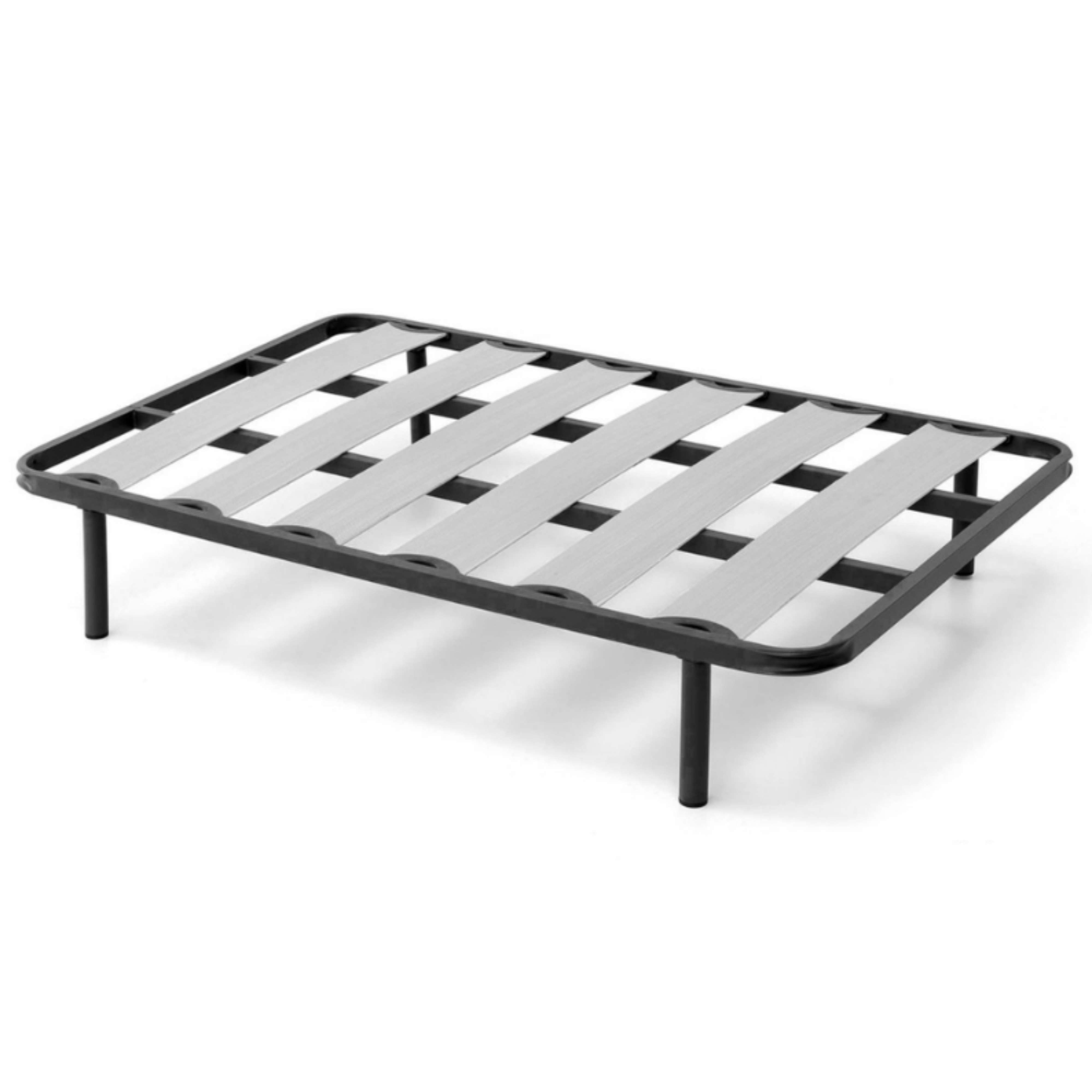 Una base de cama de metal negro con listones grises y cuatro patas sobre fondo blanco.