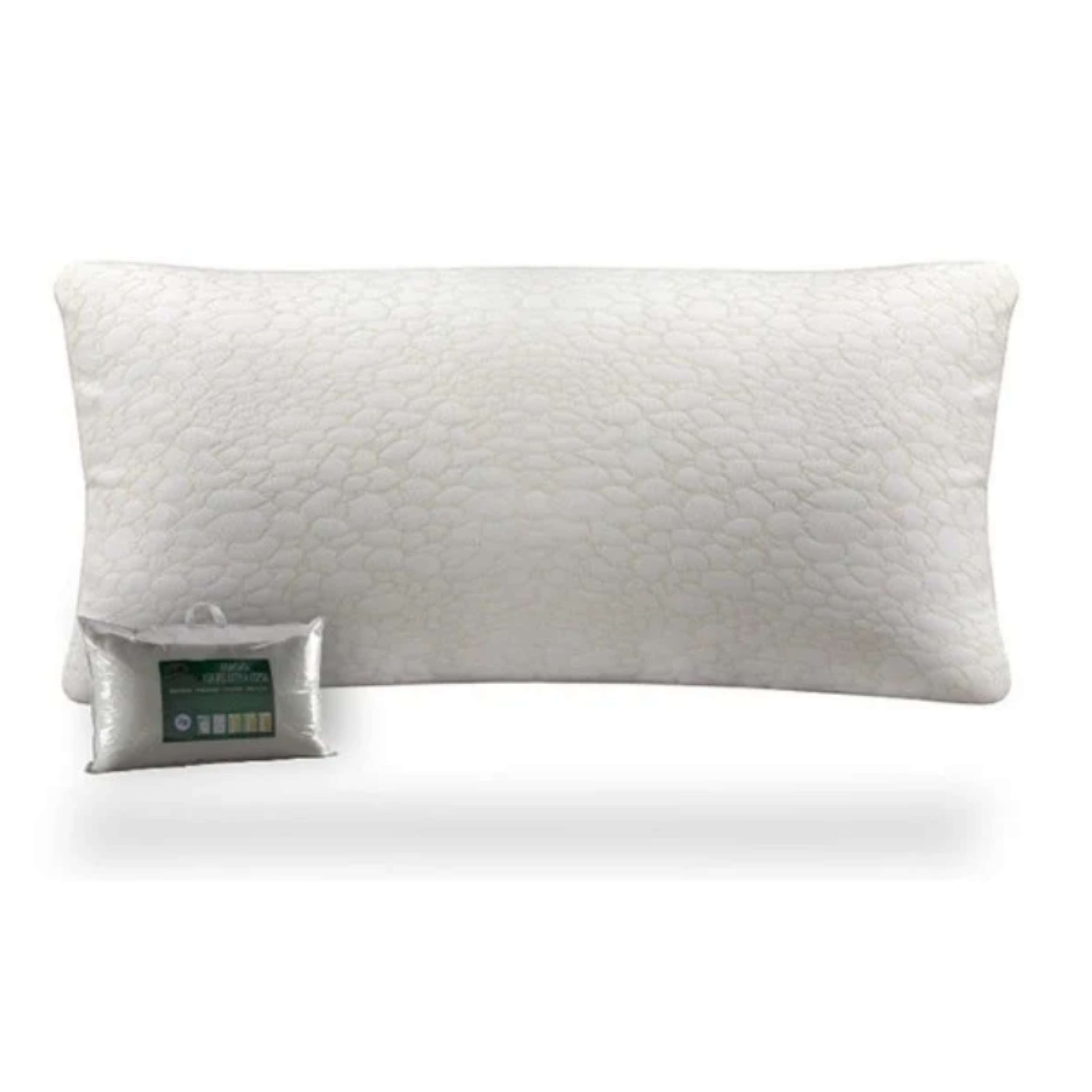 Una almohada blanca rectangular con un patrón texturizado y una almohada empaquetada al lado.