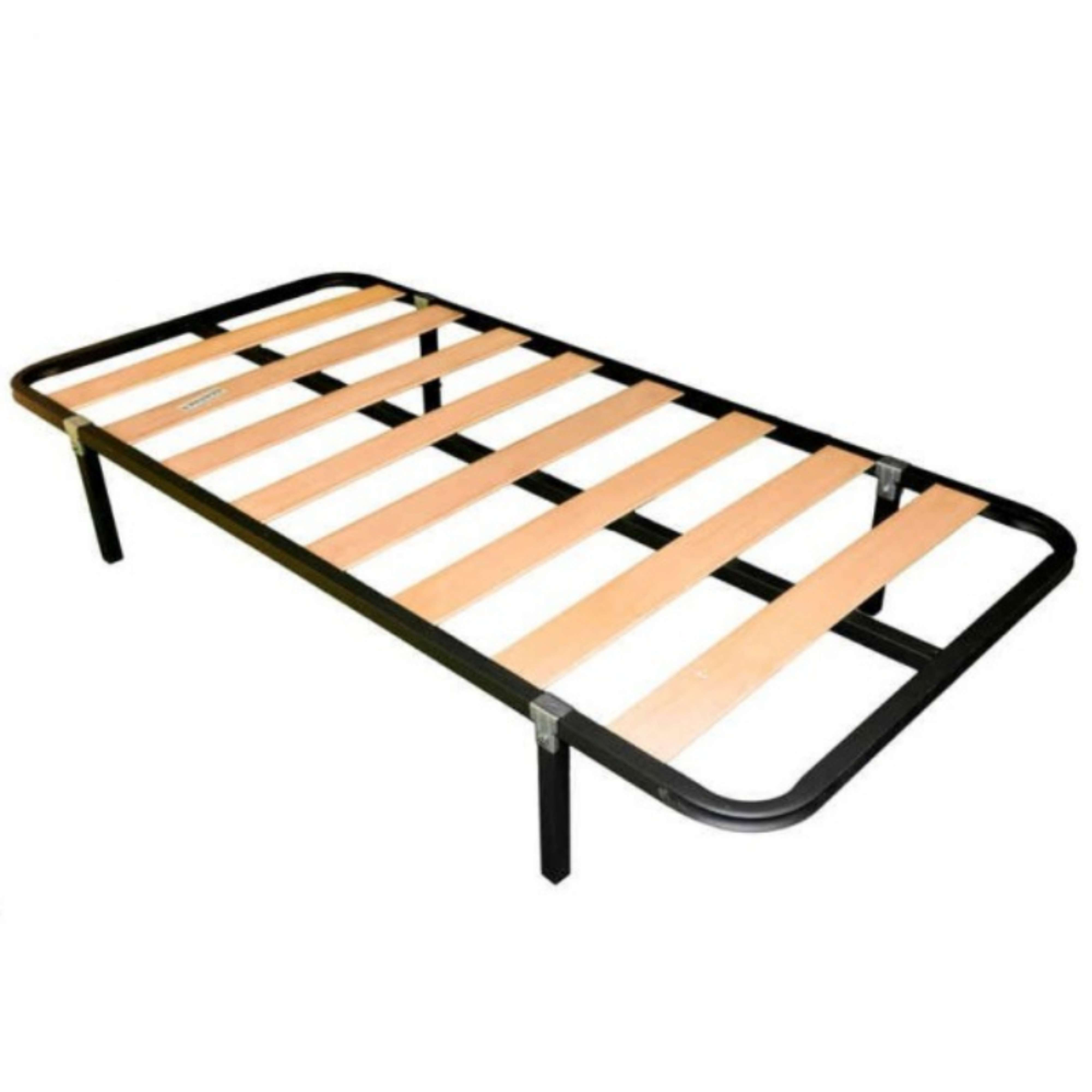 Una base de cama metálica oscura con listones de madera, de pie sobre cuatro patas.