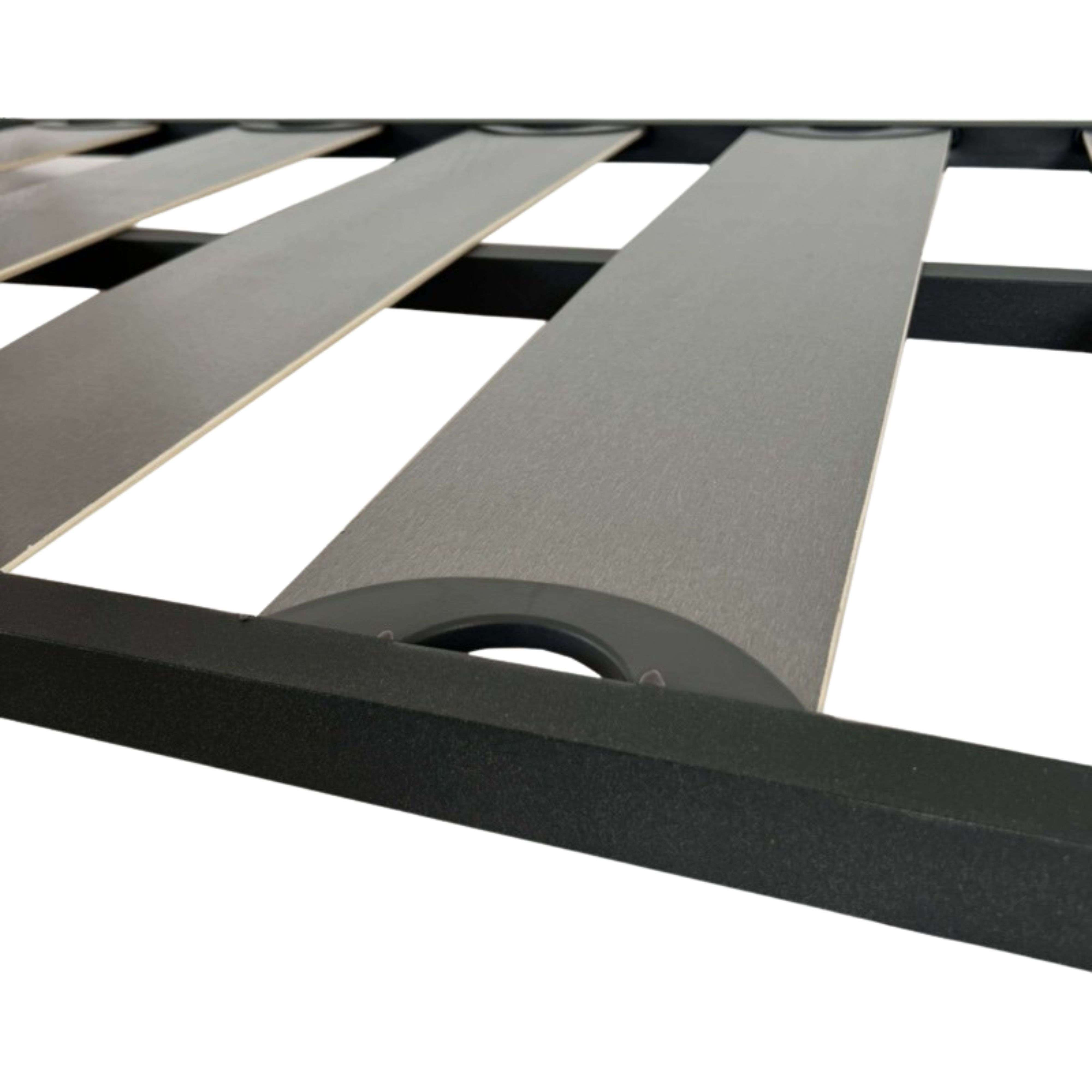 Primer plano de las lamas de una base de cama, con lamas grises y marco negro.