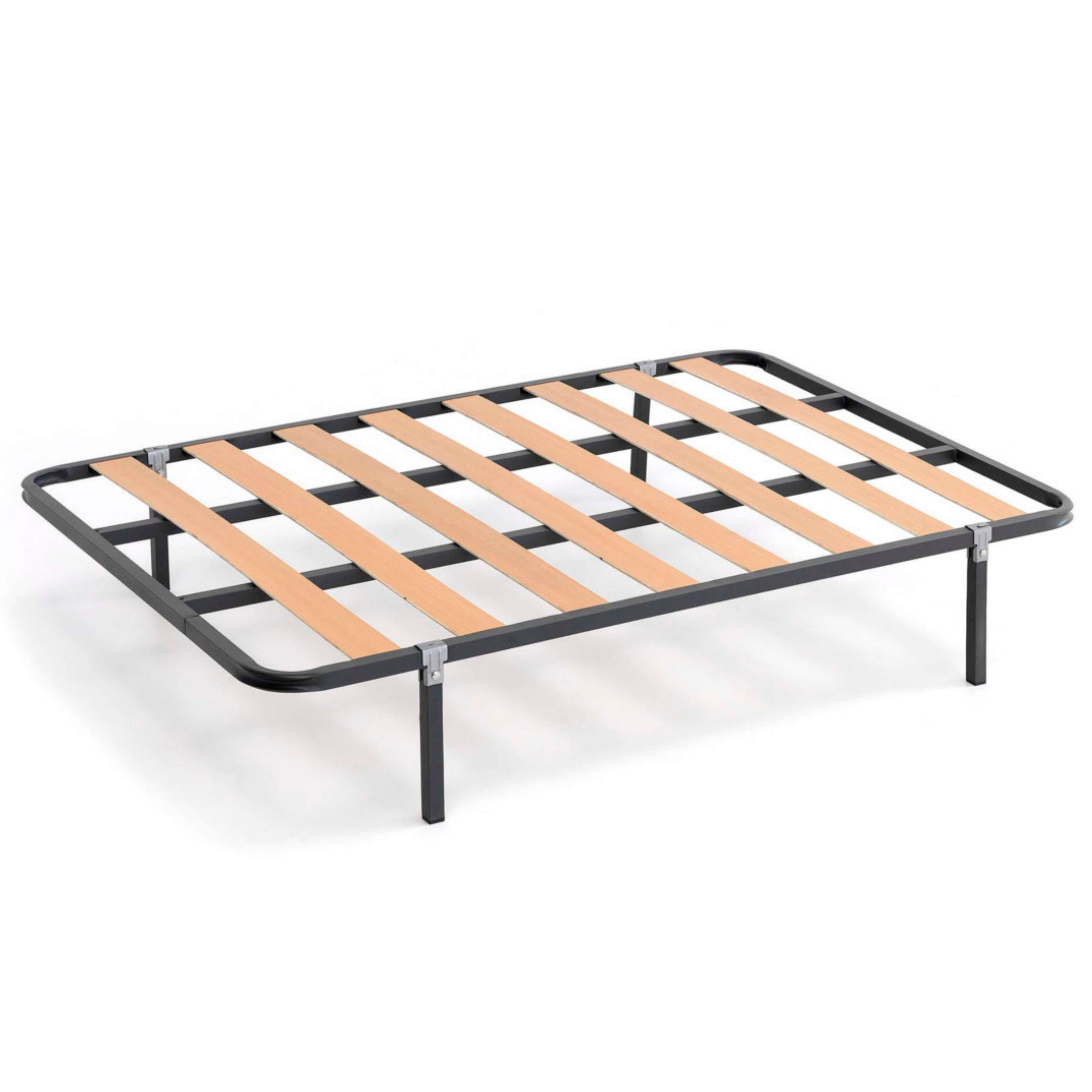 Una base de cama de metal negro con listones de madera, sobre fondo blanco.