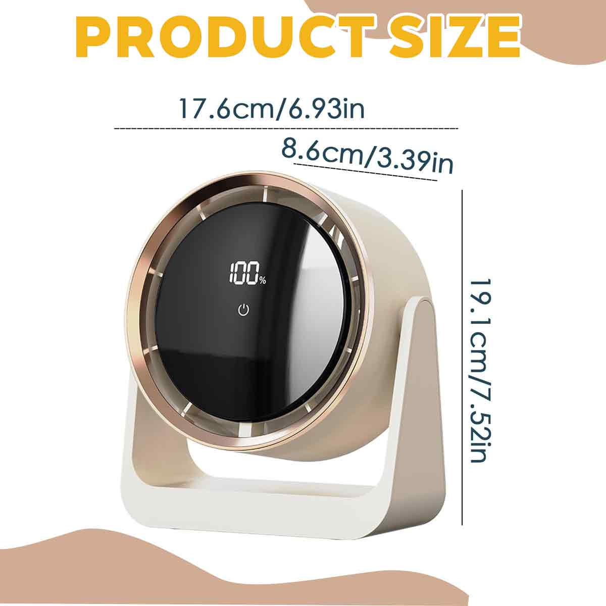 Produktgrößen-Diagramm eines beigen Ventilators mit den Maßen 17,6 cm, 8,6 cm, 19,1 cm.