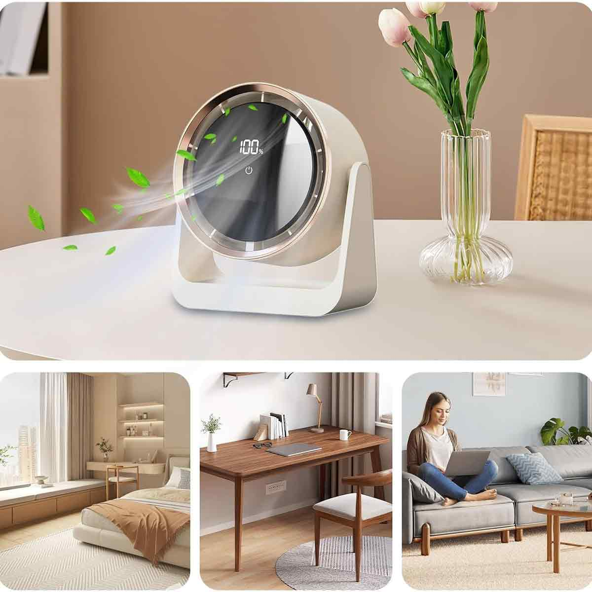 Ein moderner Ventilator auf einem Tisch, daneben eine Vase mit Tulpen.