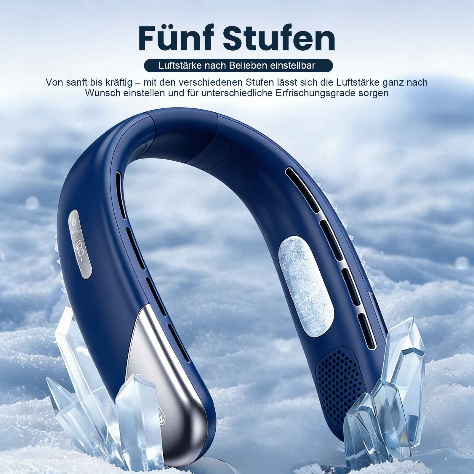 Dunkelblauer Nackenventilator mit silbernen Akzenten, auf Eis und Schnee.