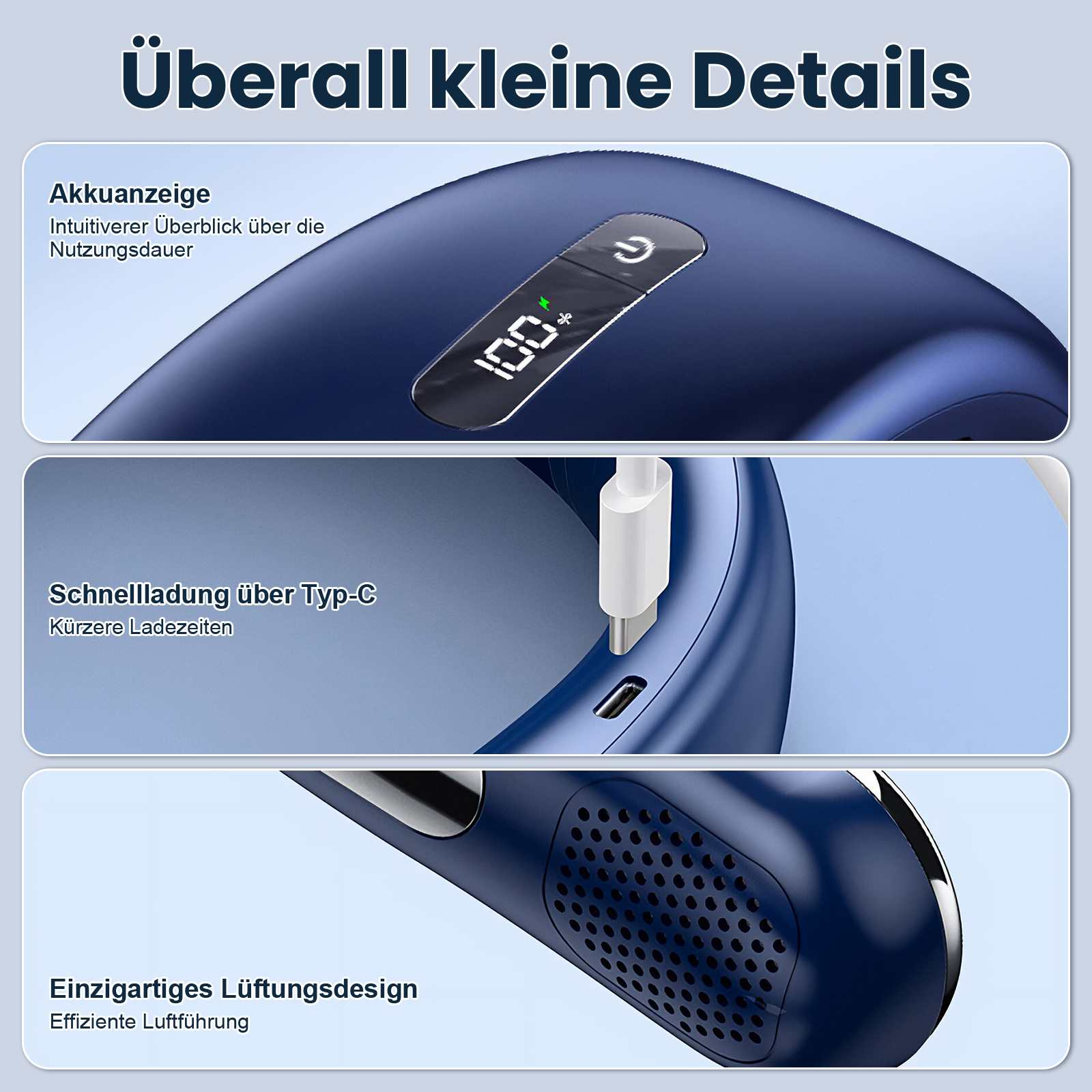 Drei Detailansichten eines blauen Geräts: Akkuanzeige, Typ-C-Ladeanschluss, Lüftungsdesign.
