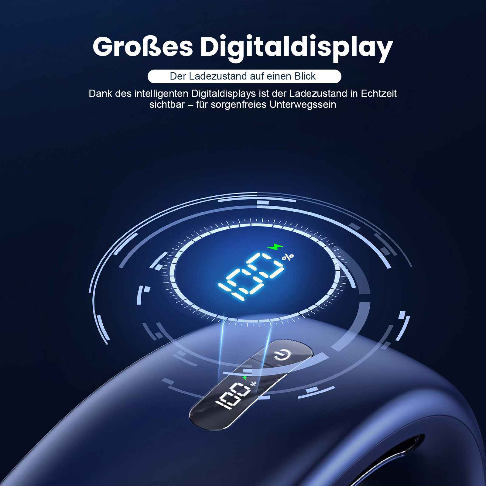 Blaues Gerät mit digitalem Display, das 100 % anzeigt.