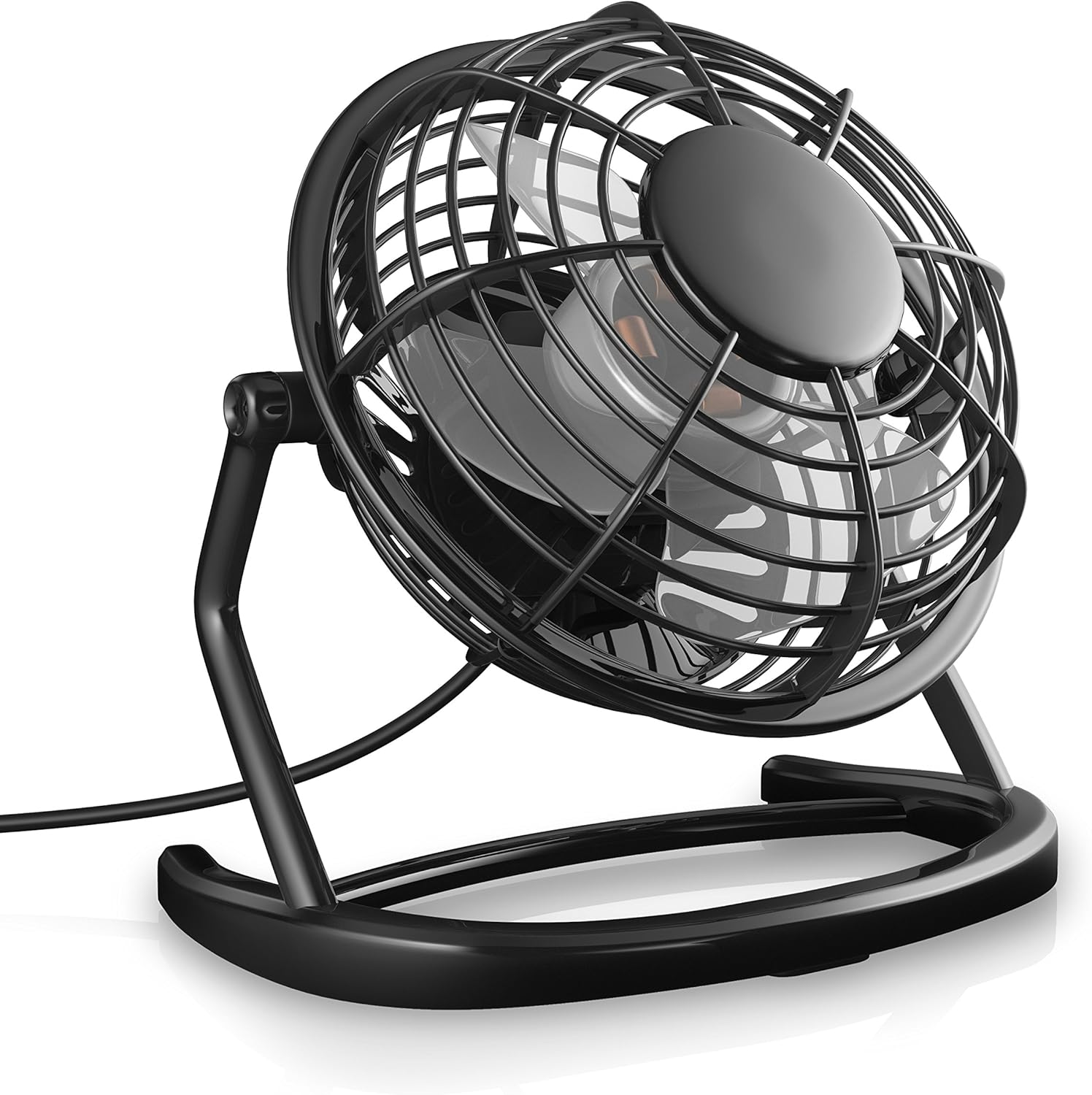 Ein schwarzer Tischventilator mit Metallgitter und rundem Sockel.
