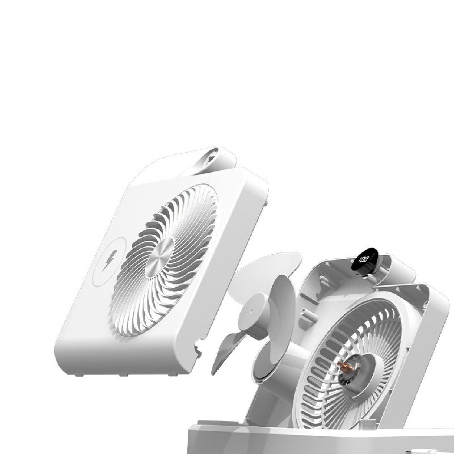 Ein weißer Ventilator, der zerlegt wurde, um das Innere zu zeigen.