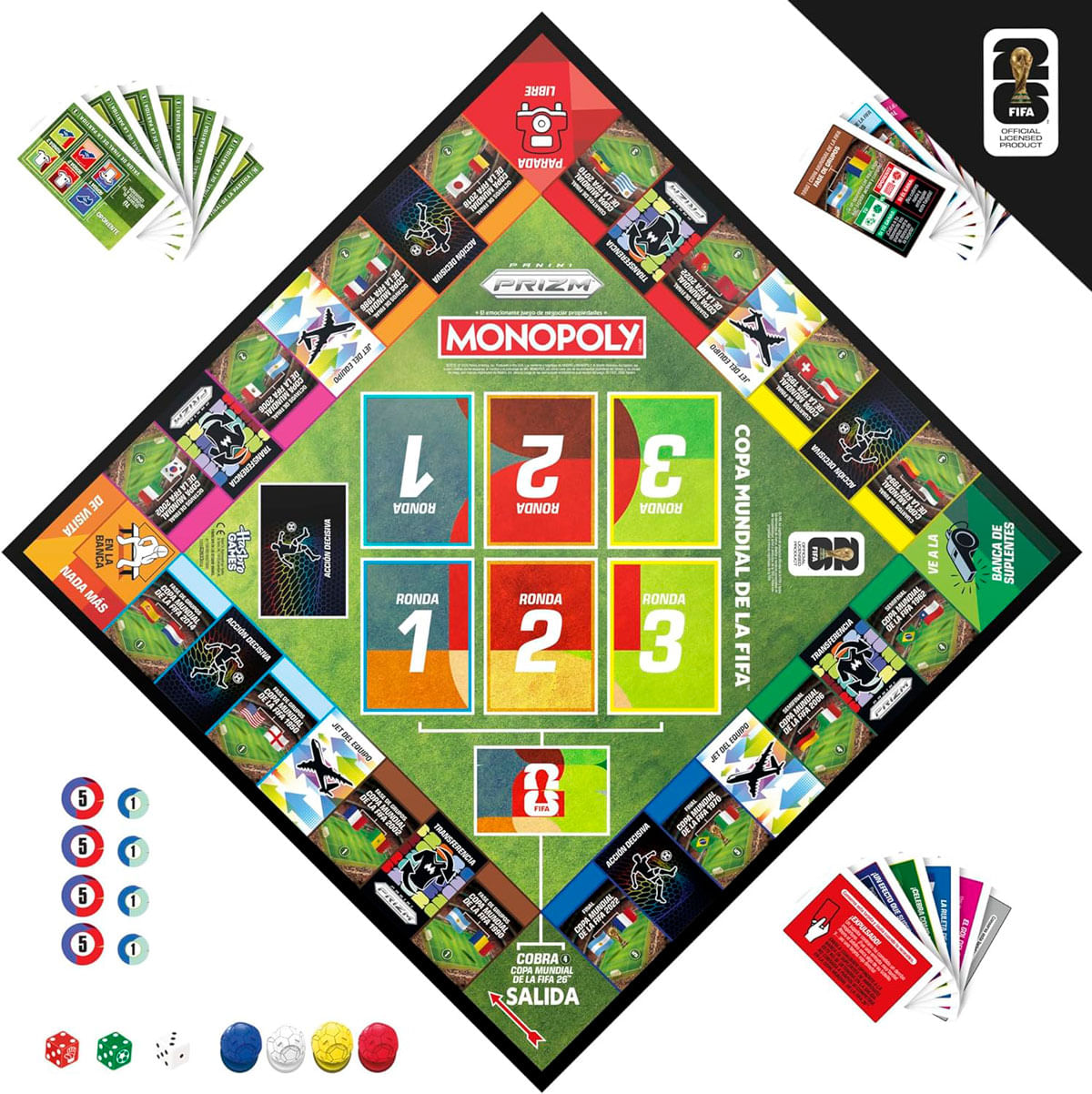 Tablero del Monopoly de la Copa Mundial de la FIFA con cartas, dados y fichas.