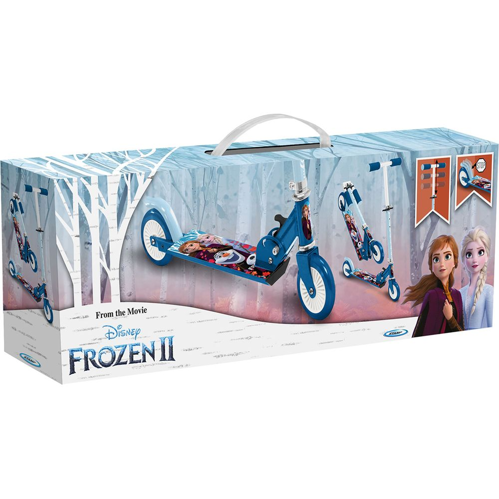 Scatola con due monopattini blu ispirati a Frozen II della Disney.