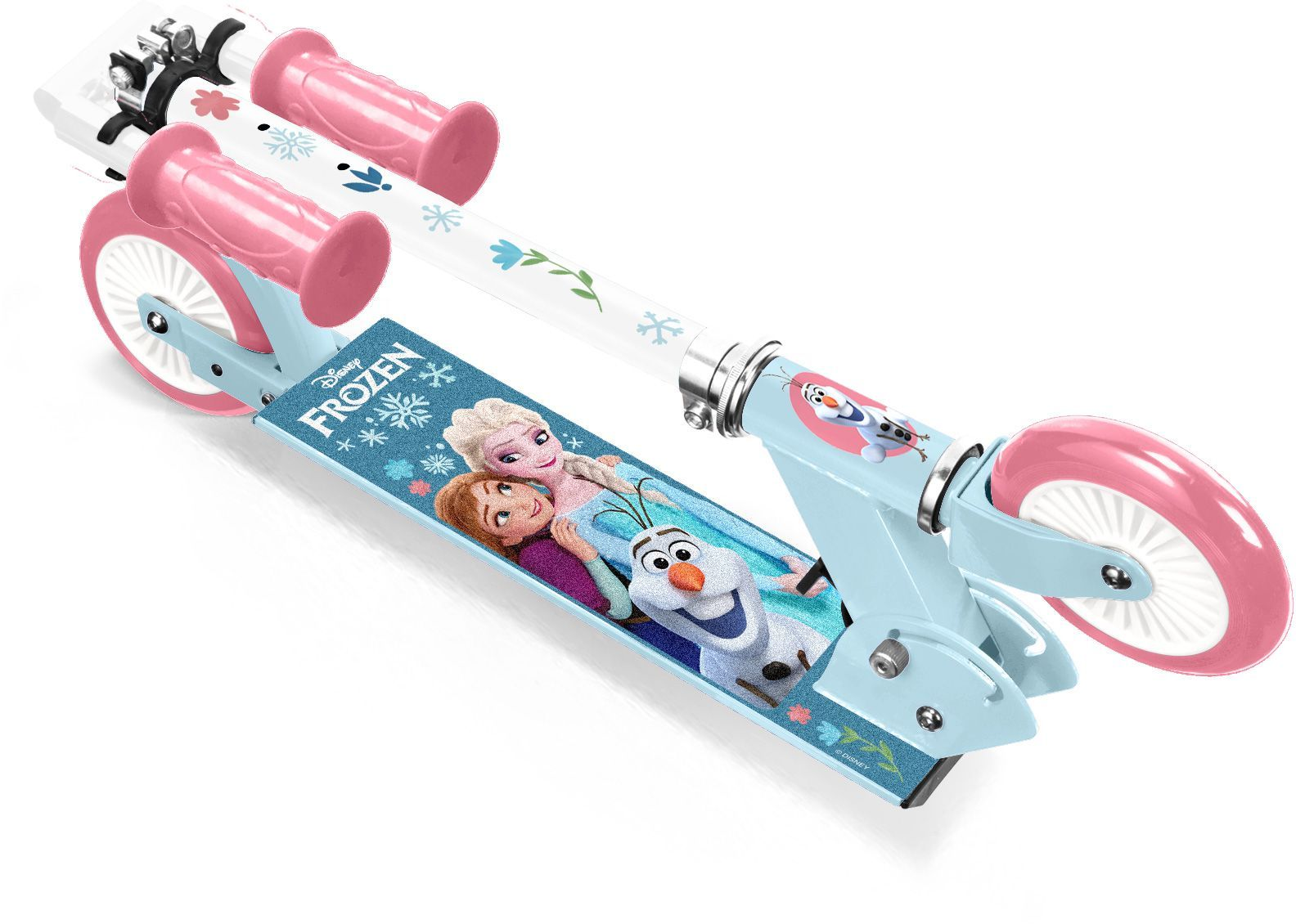 Un monopattino azzurro con manici e ruote rosa, decorato con Disney Frozen.
