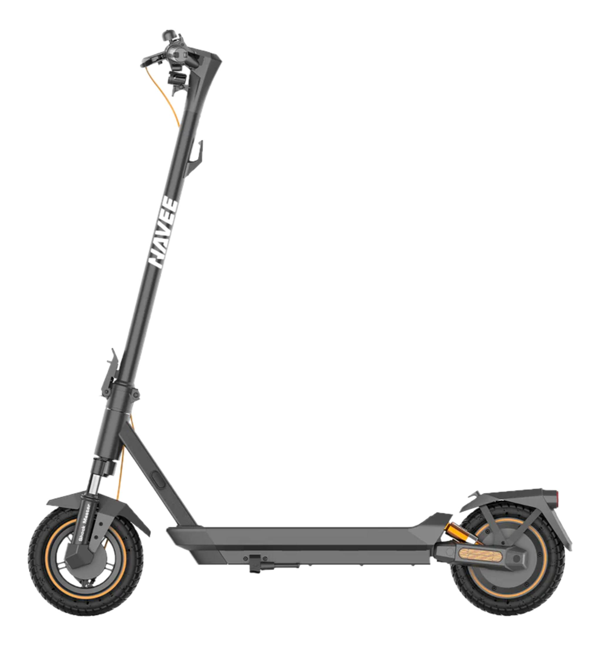 Uno scooter elettrico nero con accenti arancioni, isolato su sfondo bianco.