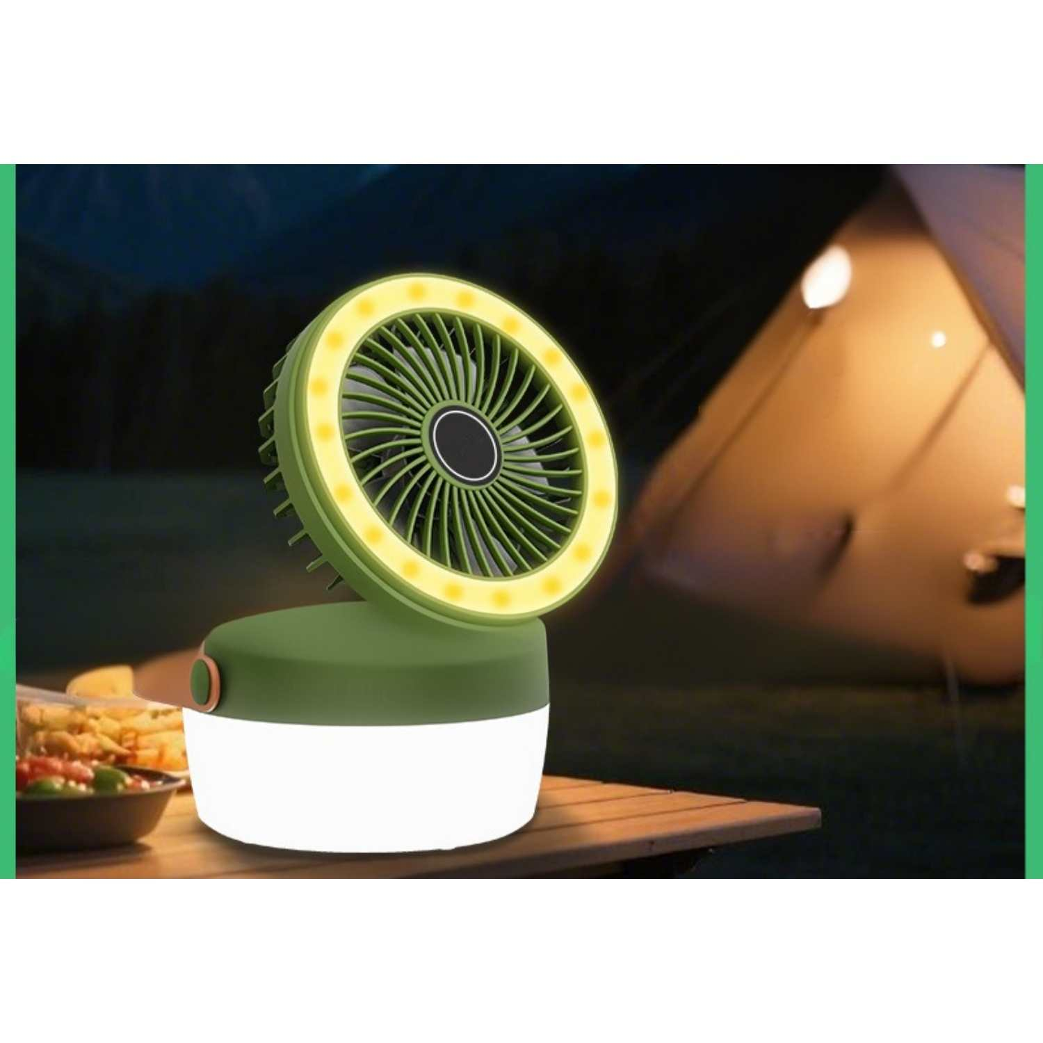 Ein tragbarer grüner Ventilator mit gelben Lichtern steht neben einer Futterschale auf einem Tisch. Im Hintergrund ist ein Zelt sichtbar.