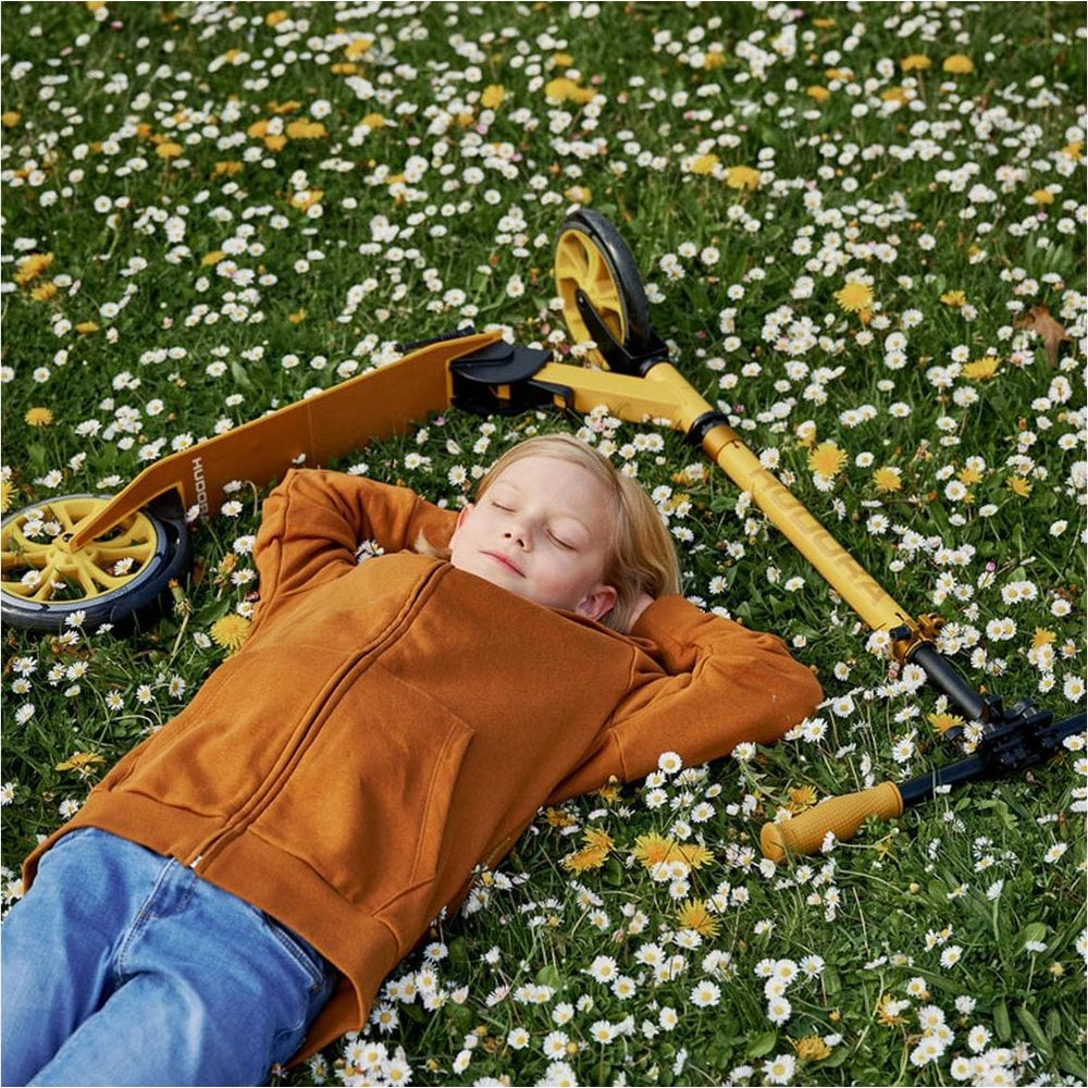 Un bambino dorme sull'erba con margherite e denti di leone, accanto a un monopattino giallo.