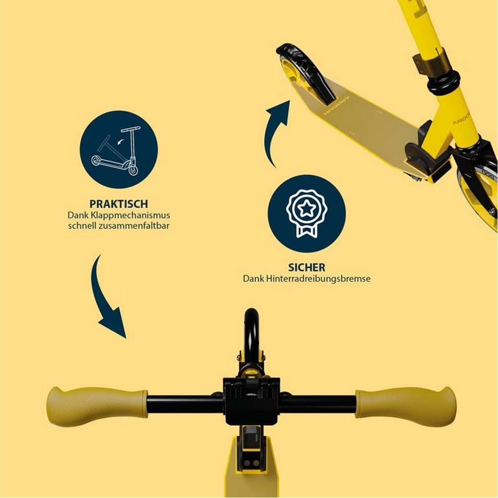 Monopattino giallo con icone per pieghevolezza e freno.