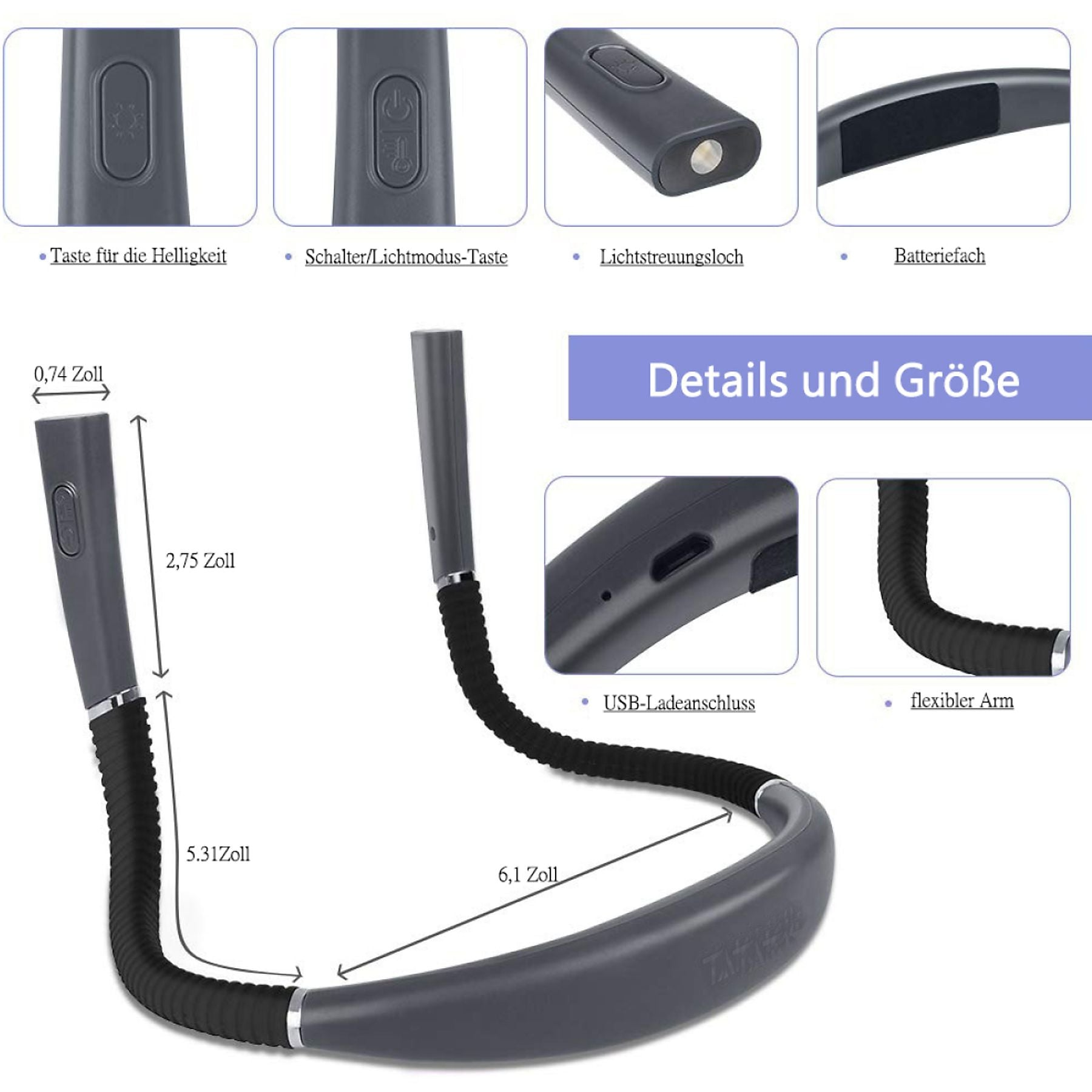 Graues Leselicht mit flexiblen Armen, USB-Anschluss und Größenangaben.
