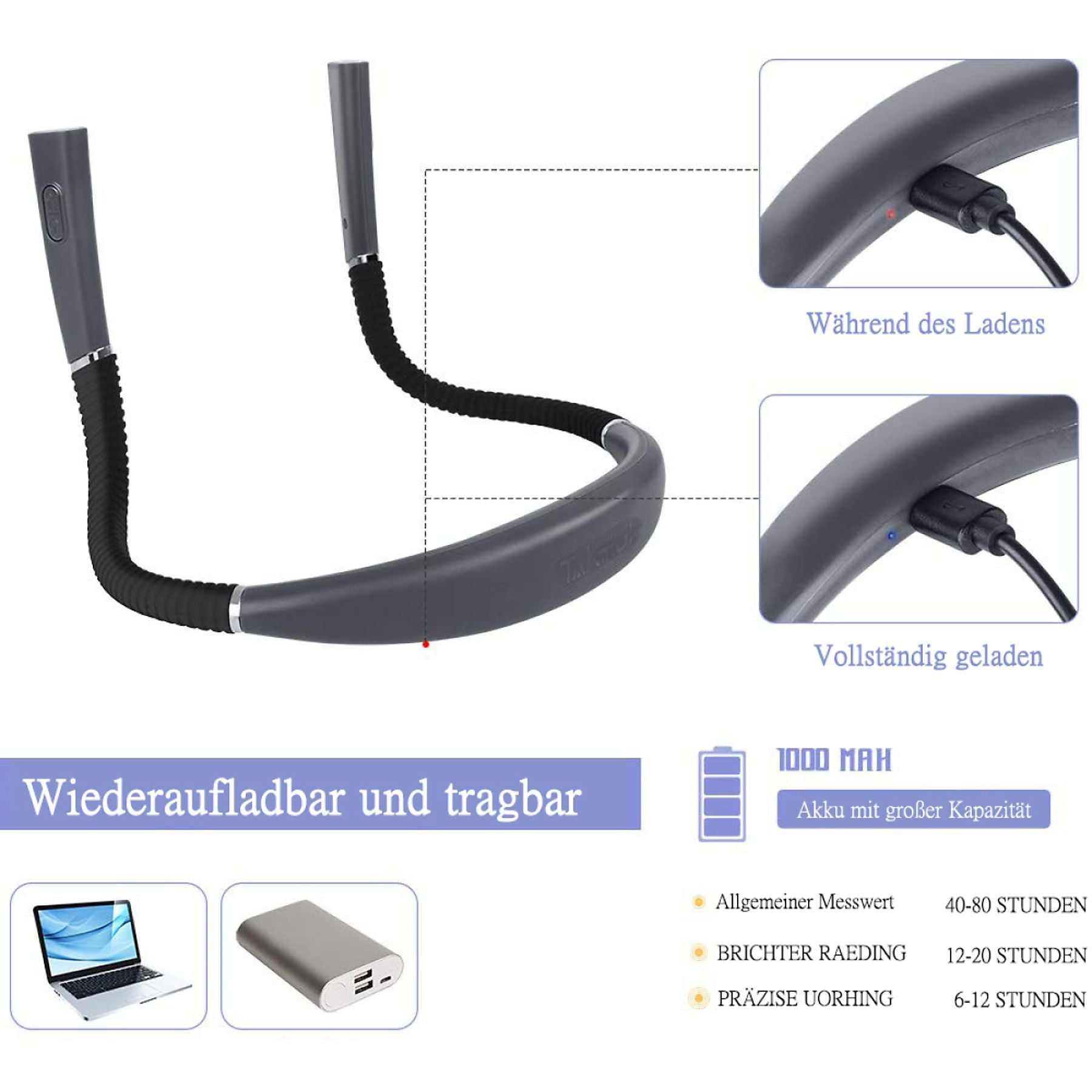 Ein flexibles Nackenlicht zum Aufladen, mit Laptop und Powerbank.
