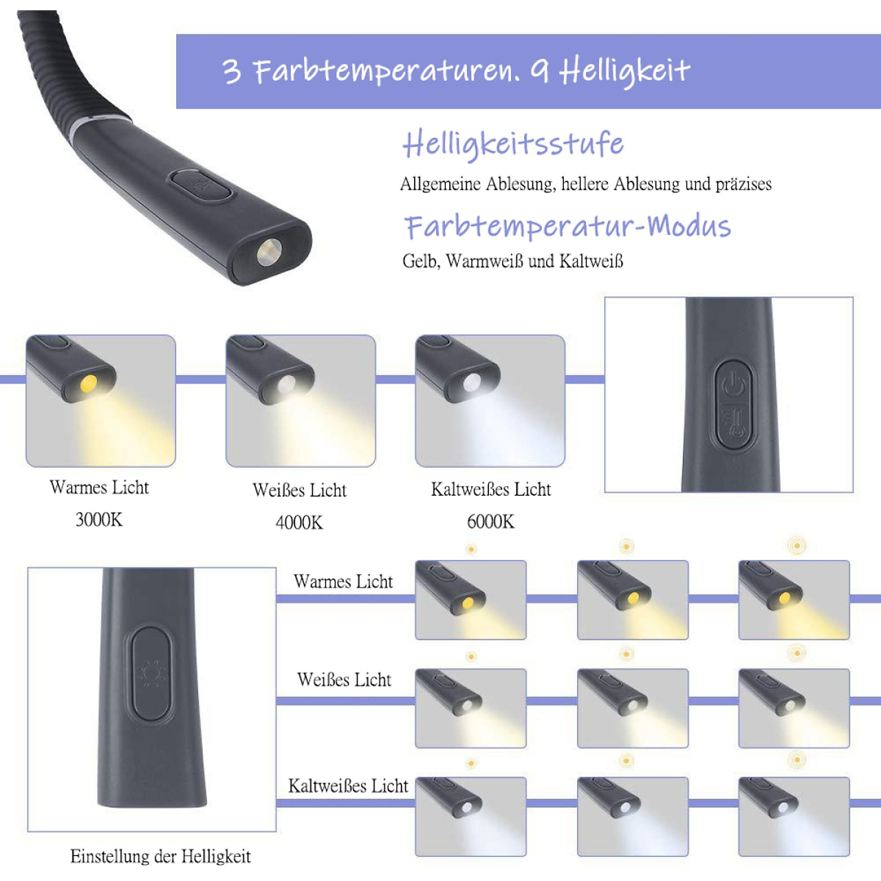 Ein dunkles Leselicht mit flexiblen Modi für Farbe und Helligkeit.