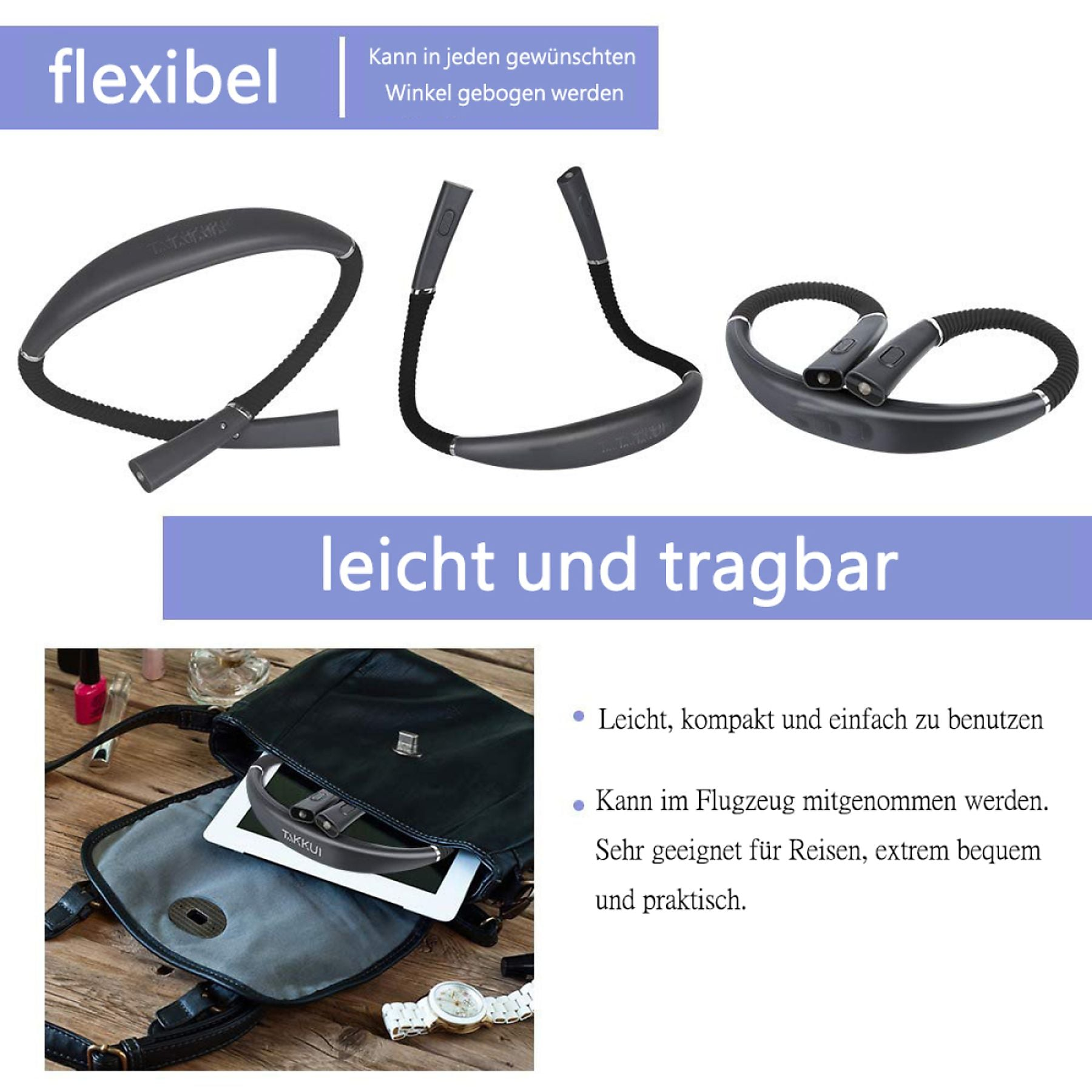 Ein flexibles Nackenhörnchen mit Lichtern, das in einer Tasche liegt.