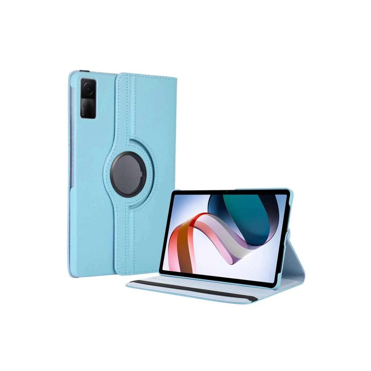 Açık mavi tablet kılıfı açıktır. İçinde renkli soyut ekran gösteren bir tablet bulunur.