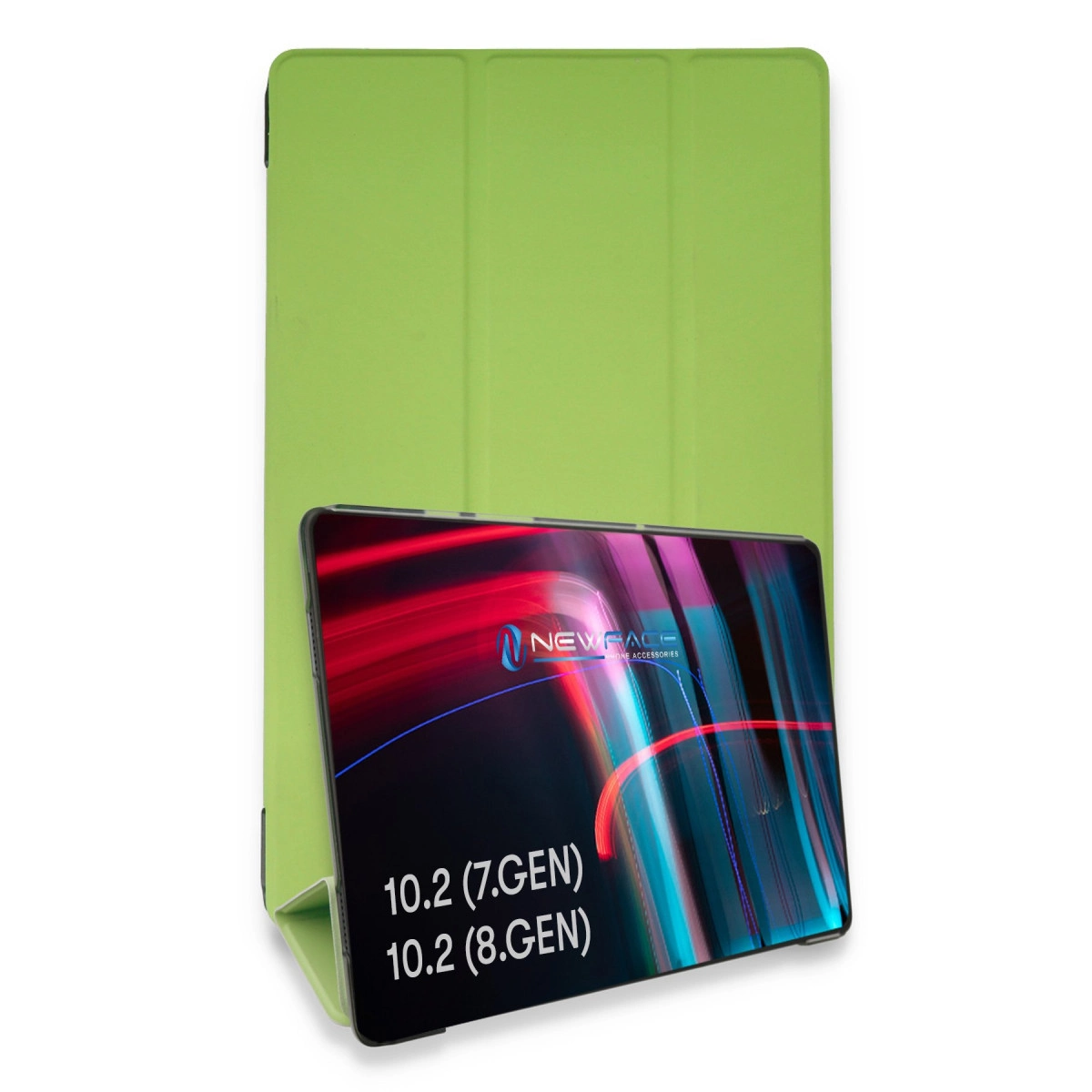 Soyut kırmızı ve mavi çizgiler ve metin gösteren bir tabletin arkasında yeşil bir tablet kılıfı duruyor.